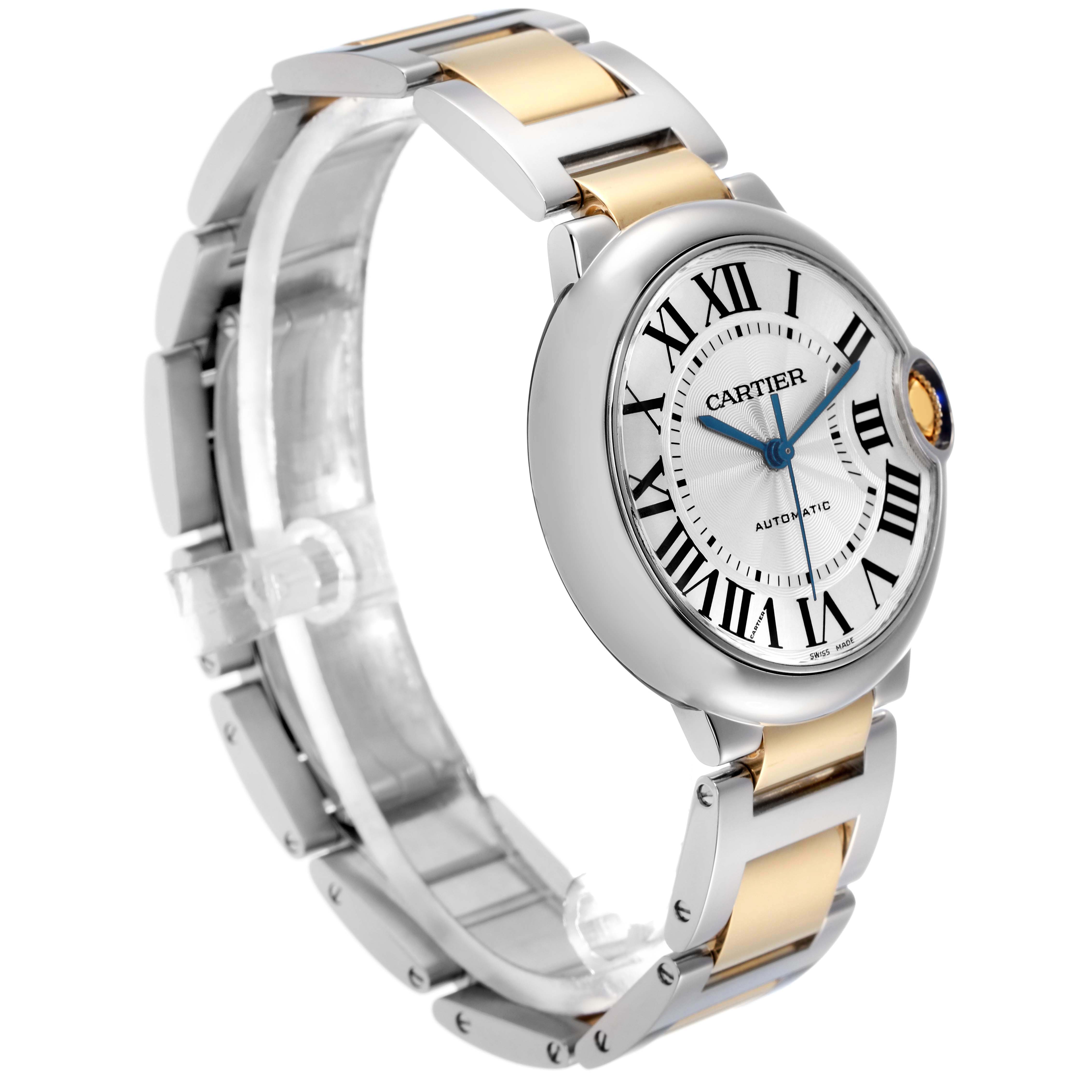 The Cartier Ballon Bleu W2BB0012 Men
s Steel and Gold (two tone) Silver Dial W2BB0012 Men
s Steel and Gold (two tone) Silver Dial watch is shown at a three-quarter angle, highlighting the face, crown, and part of the bracelet.