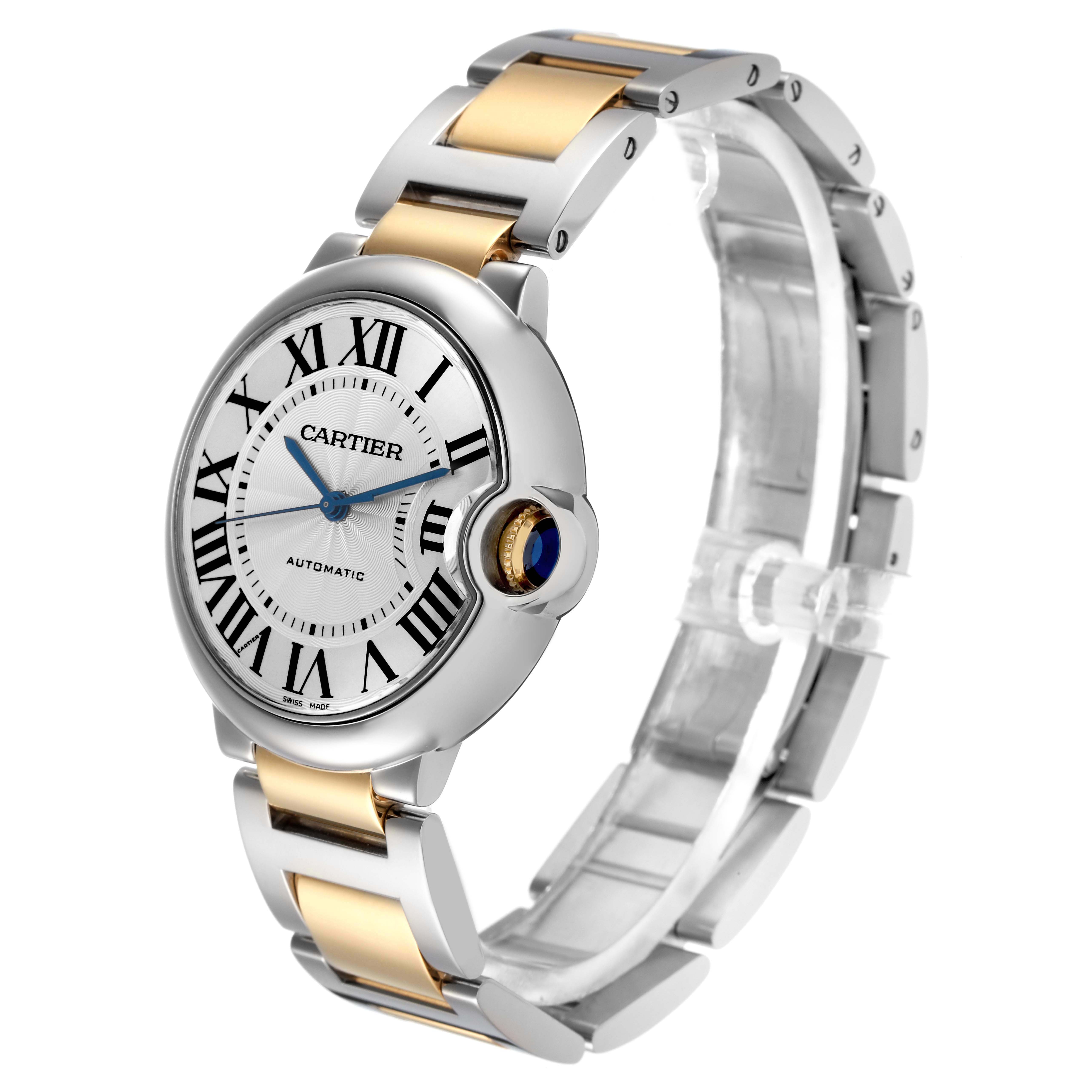 The Cartier Ballon Bleu W2BB0012 Men
s Steel and Gold (two tone) Silver Dial W2BB0012 Men
s Steel and Gold (two tone) Silver Dial watch is shown at a three-quarter angle, highlighting the face, crown, and bracelet.