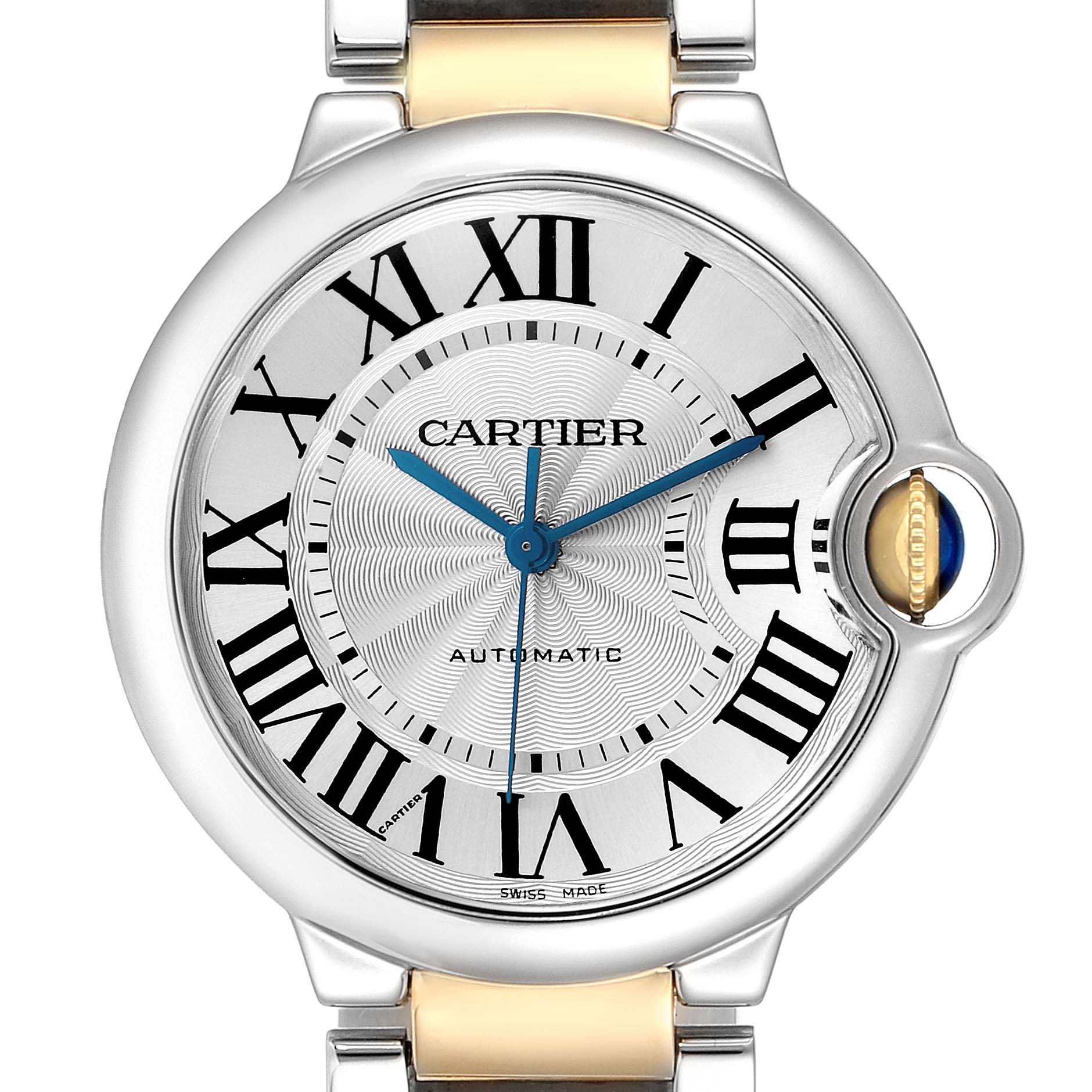 The Cartier Ballon Bleu W2BB0012 Men
s Steel and Gold (two tone) Silver Dial W2BB0012 Men
s Steel and Gold (two tone) Silver Dial watch is shown from the front, displaying its face, Roman numerals, and fluted crown with blue cabochon.