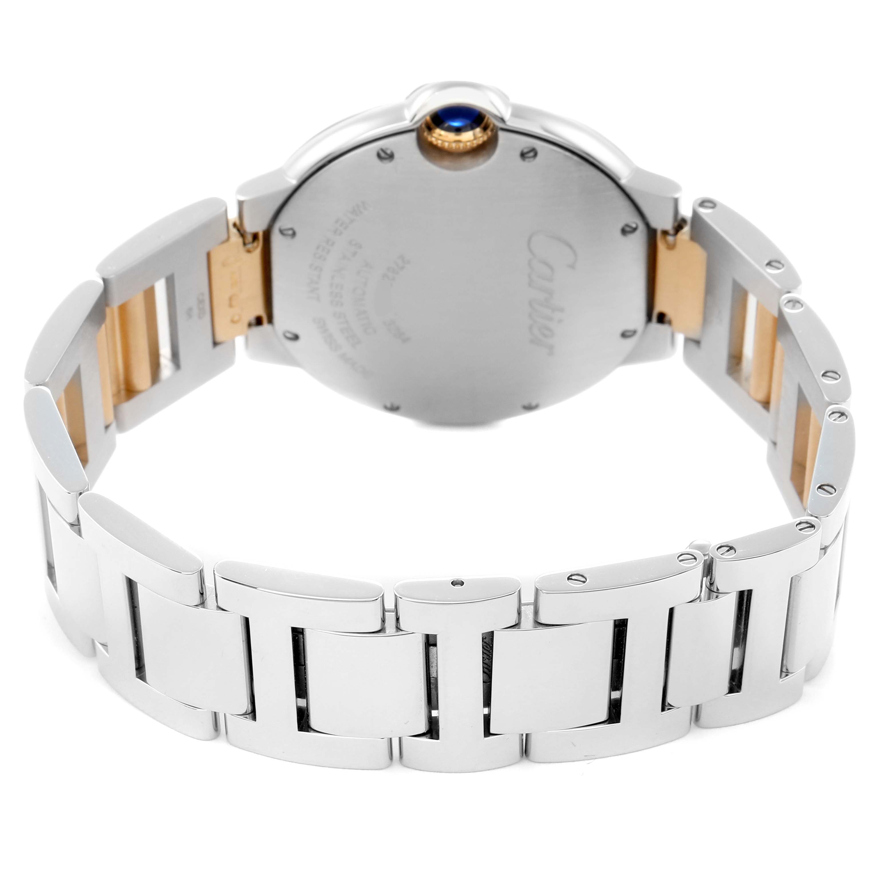 The image shows the back view of a Cartier Ballon Bleu W2BB0012 Men
s Steel and Gold (two tone) Silver Dial W2BB0012 Men
s Steel and Gold (two tone) Silver Dial watch, highlighting its bracelet and case back details.