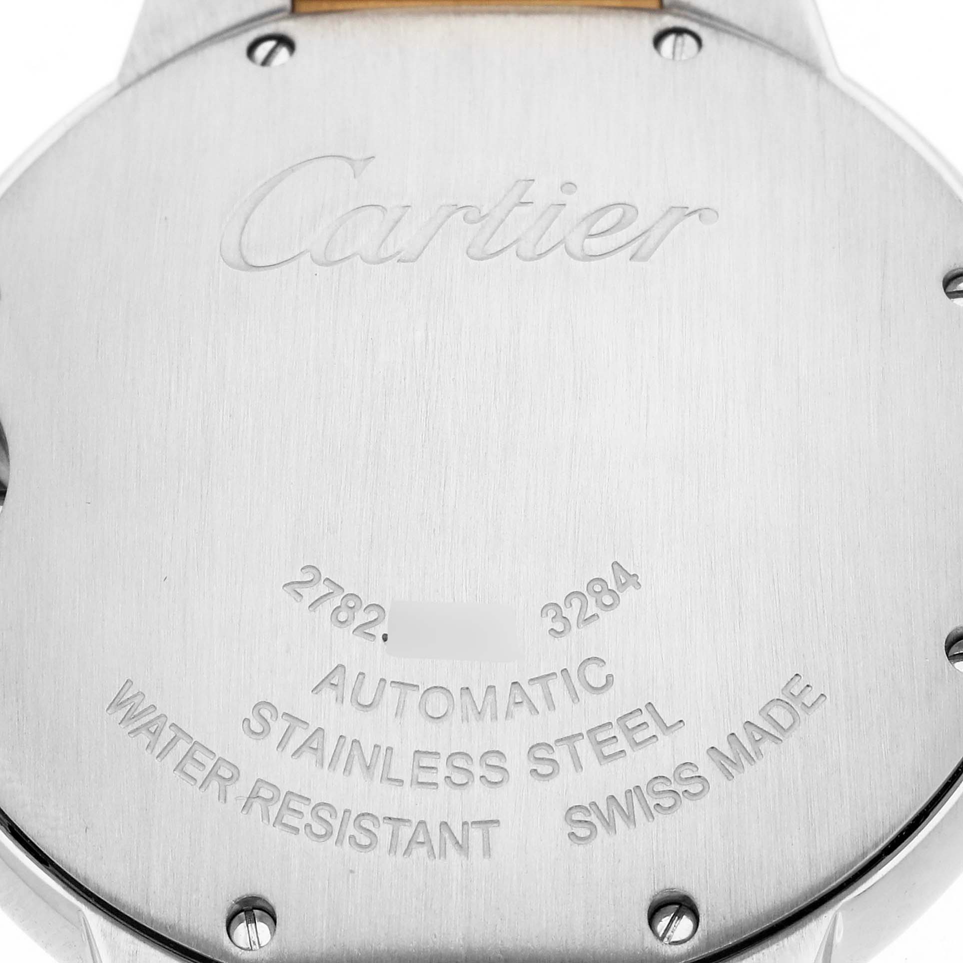 The image shows the back case of a Cartier Ballon Bleu W2BB0012 Men
s Steel and Gold (two tone) Silver Dial W2BB0012 Men
s Steel and Gold (two tone) Silver Dial watch, highlighting the brand
s engraving and specifications.