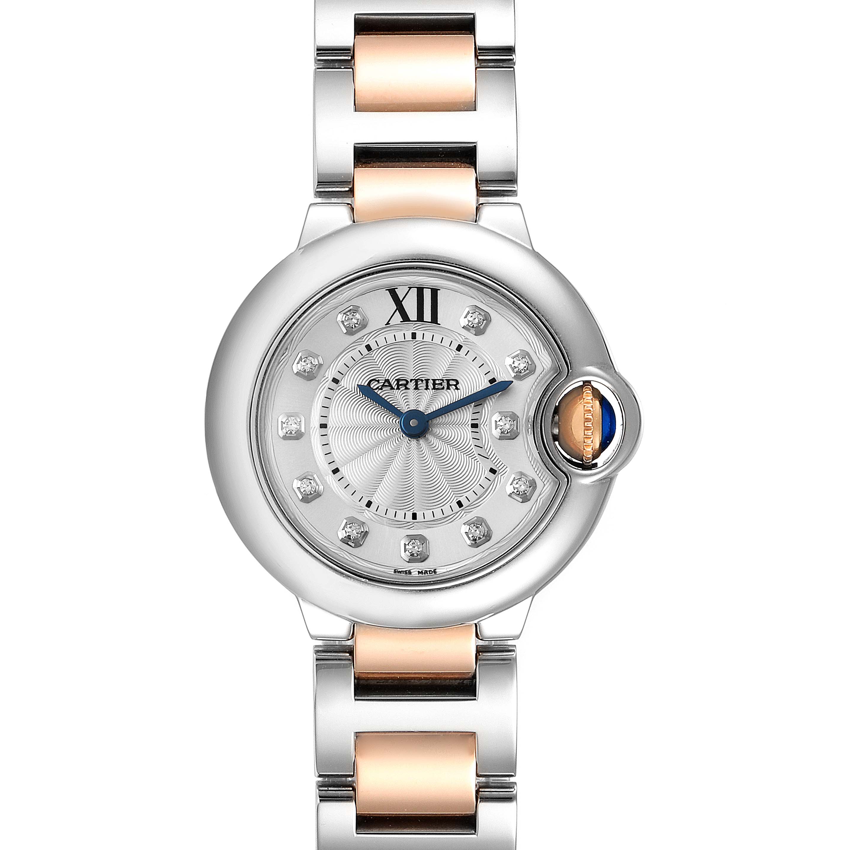 The image shows a front view of the Cartier Ballon Bleu WE902030 Women's Steel and Gold (two tone) Silver Dial WE902030 Women's Steel and Gold (two tone) Silver Dial watch, highlighting the dial, bracelet, and winding crown.