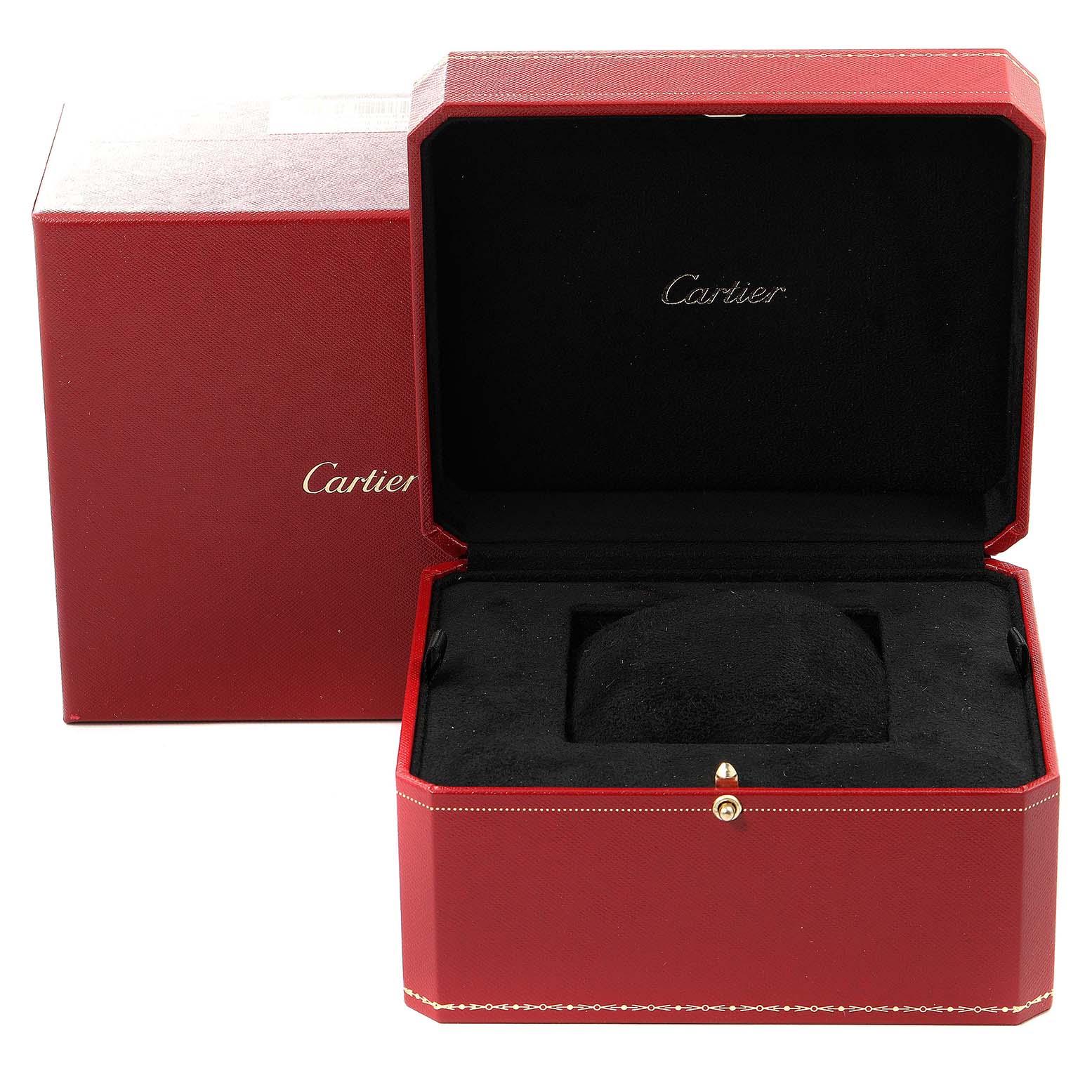 The image shows the packaging and open box for a Ballon Bleu model by Cartier.