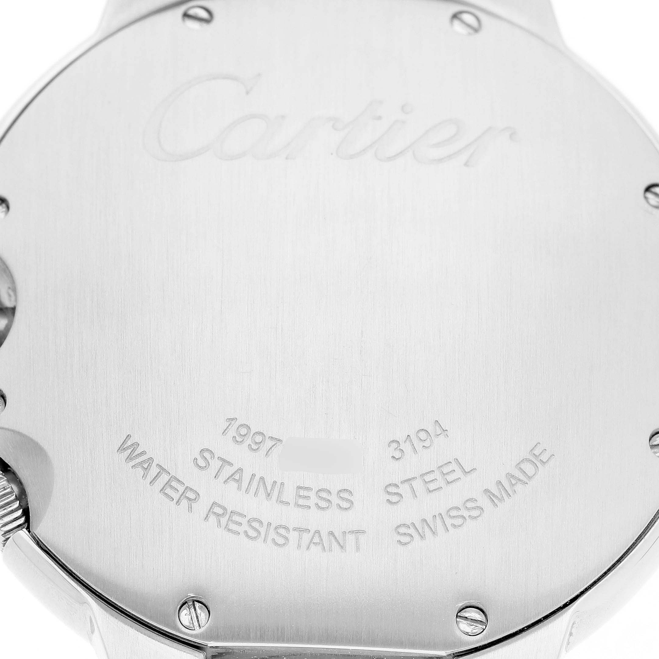 The image shows the back of a Cartier Ballon Bleu W6920027 Men's Stainless Steel Silver Dial watch, displaying the brand engraving and details about material and water resistance.