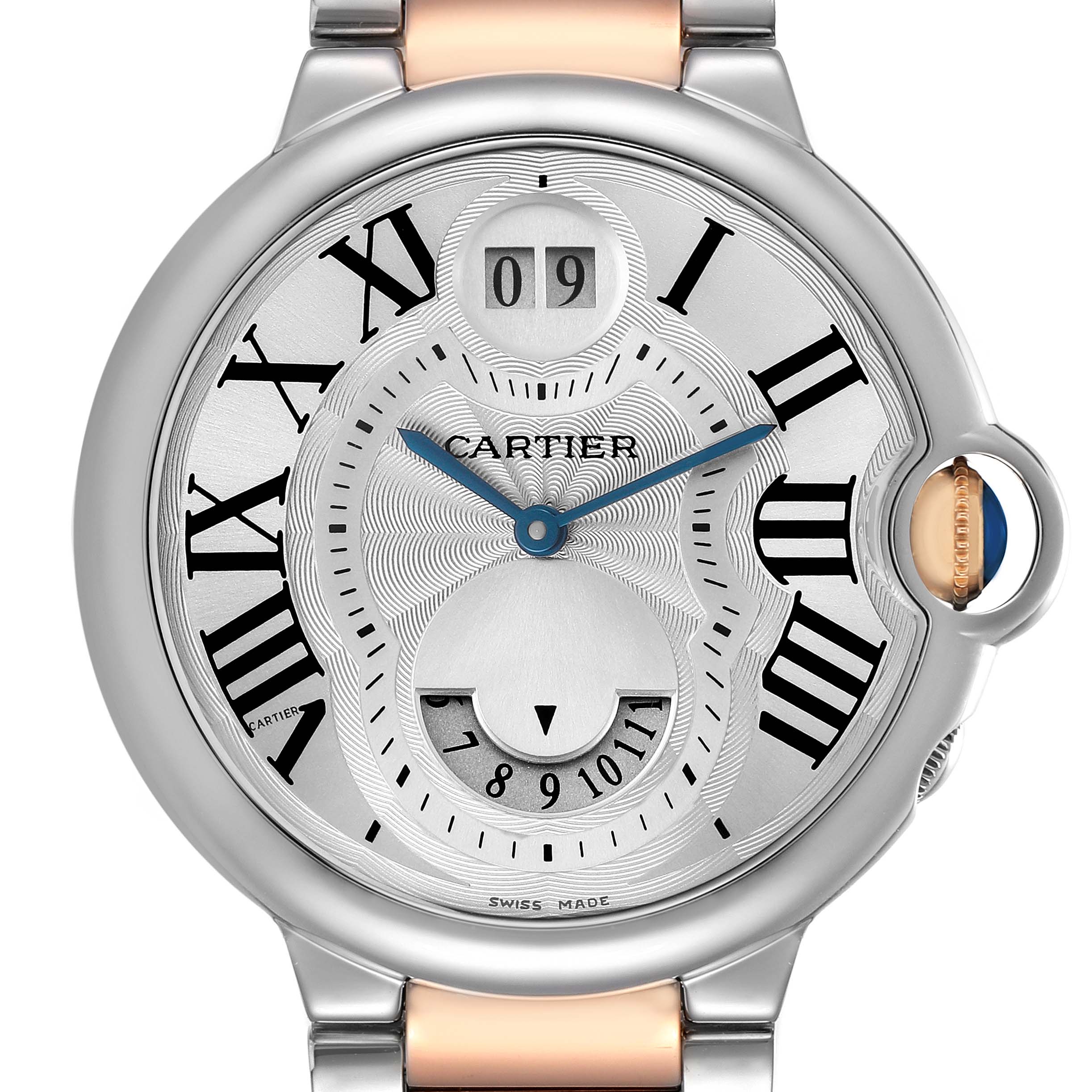 The Cartier Ballon Bleu W6920027 Men's Stainless Steel Silver Dial watch is shown from the front, displaying its face, hands, date, and distinct crown.