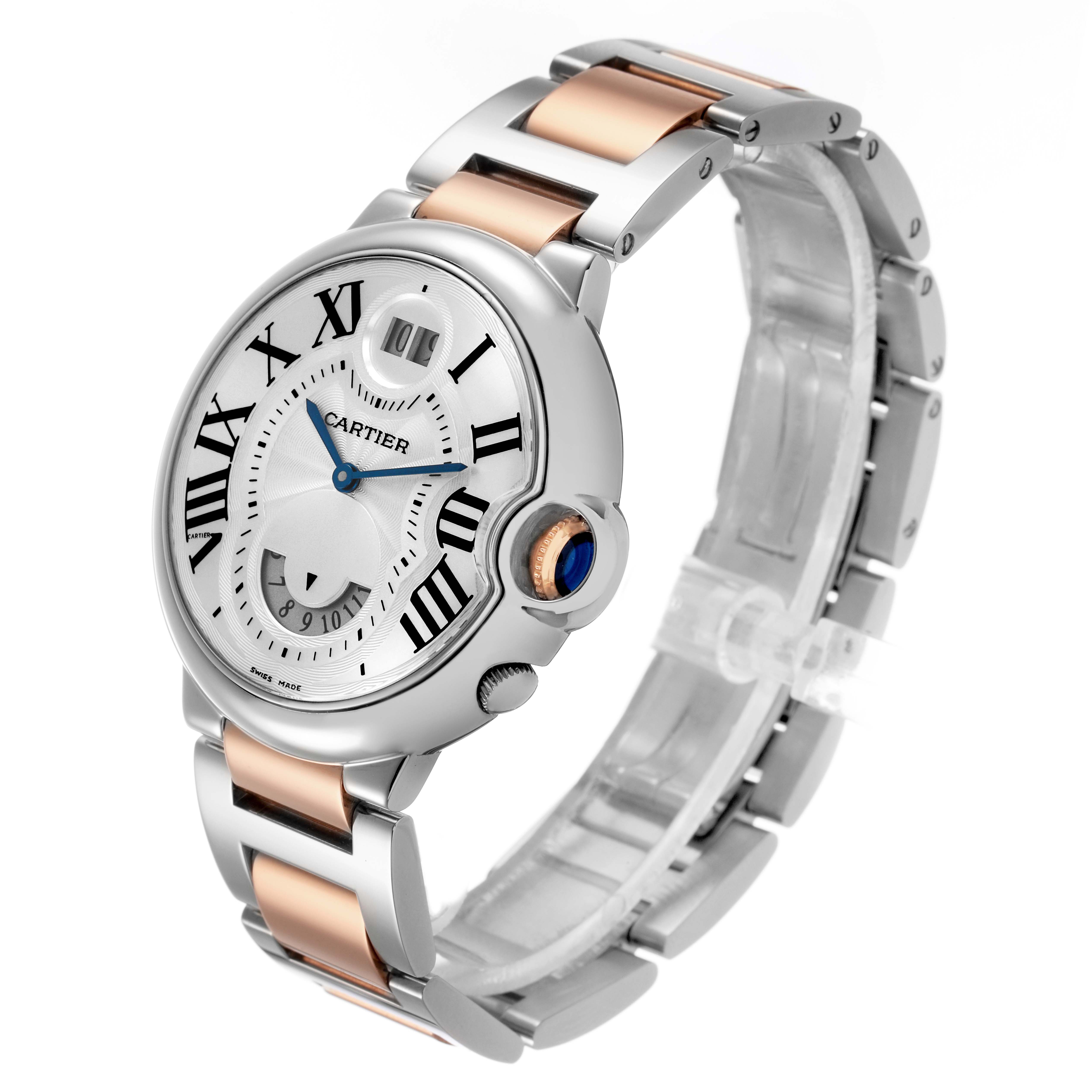 The Cartier Ballon Bleu W6920027 Men's Stainless Steel Silver Dial watch is shown at a three-quarter angle displaying the face, bracelet, and crown.