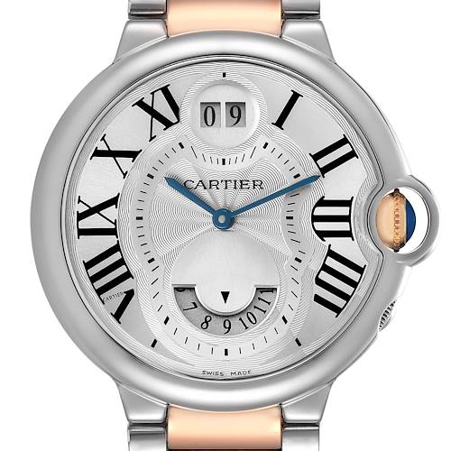 The Cartier Ballon Bleu W6920027 Men's Stainless Steel Silver Dial watch is shown from the front, highlighting its dial, blue hands, Roman numerals, and the crown with a blue cabochon.