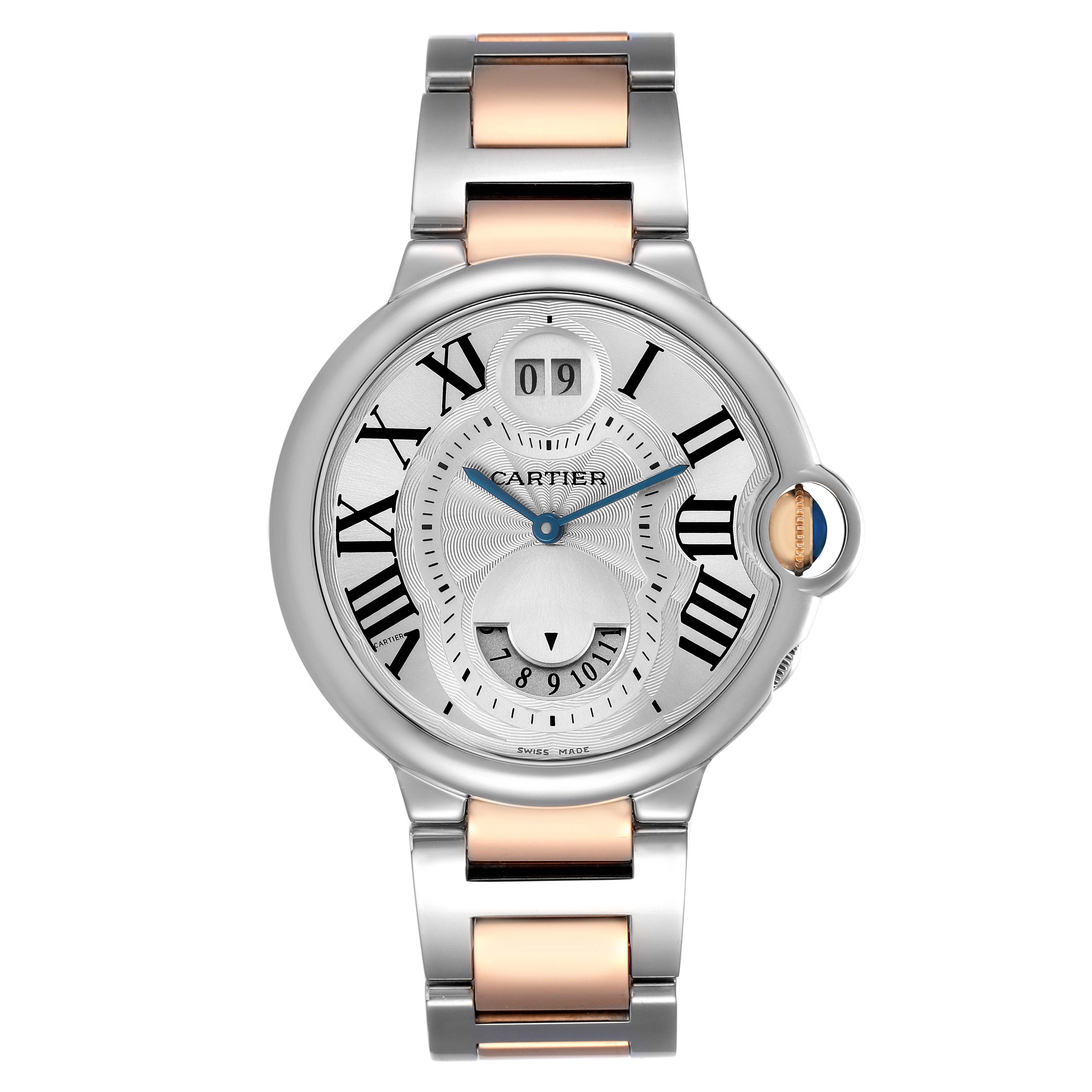 The Cartier Ballon Bleu W6920027 Men's Stainless Steel Silver Dial watch is shown from the front, highlighting its face, bezel, and two-tone bracelet.