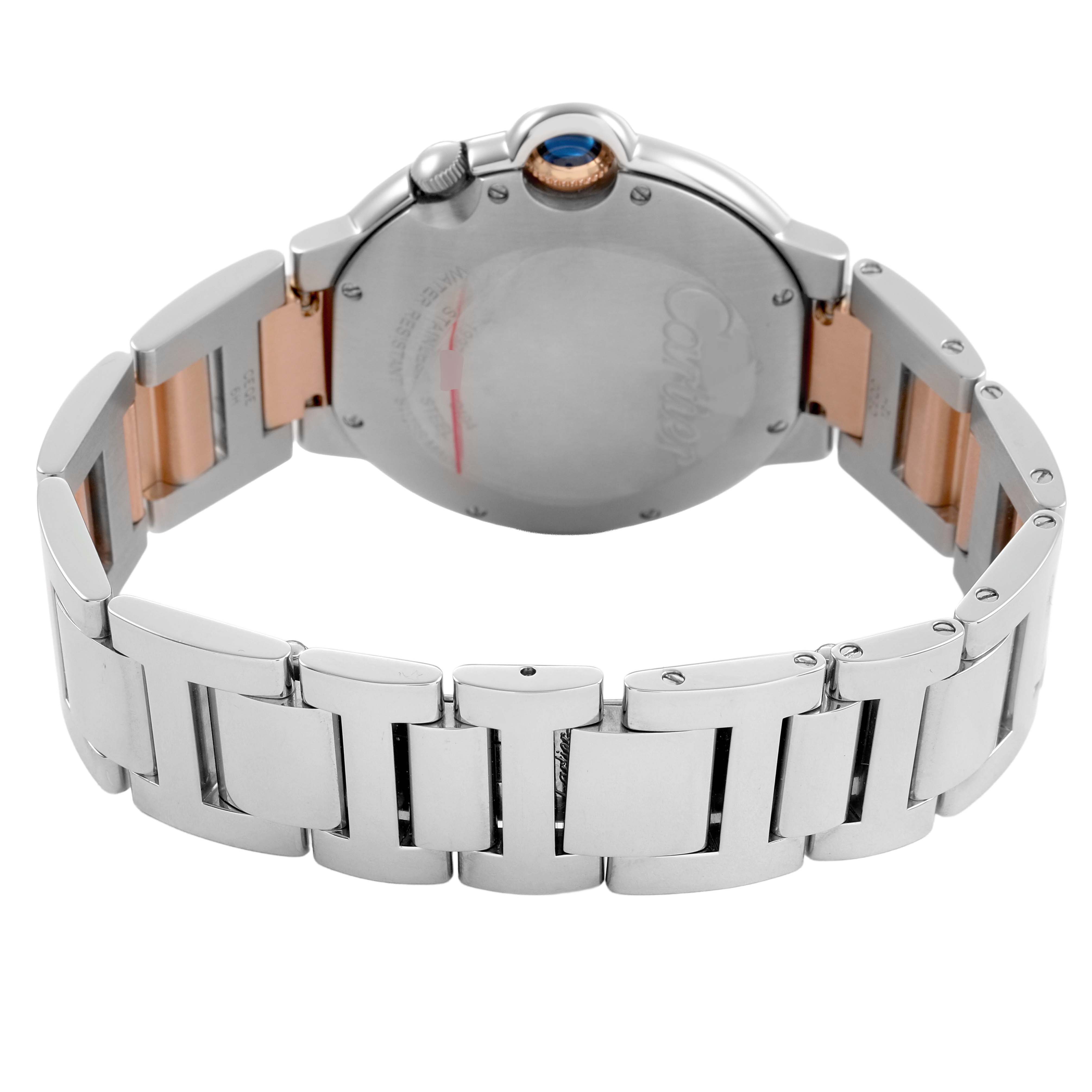 The image shows the back view of a Cartier Ballon Bleu W6920027 Men's Stainless Steel Silver Dial watch, highlighting its bracelet and the case back.