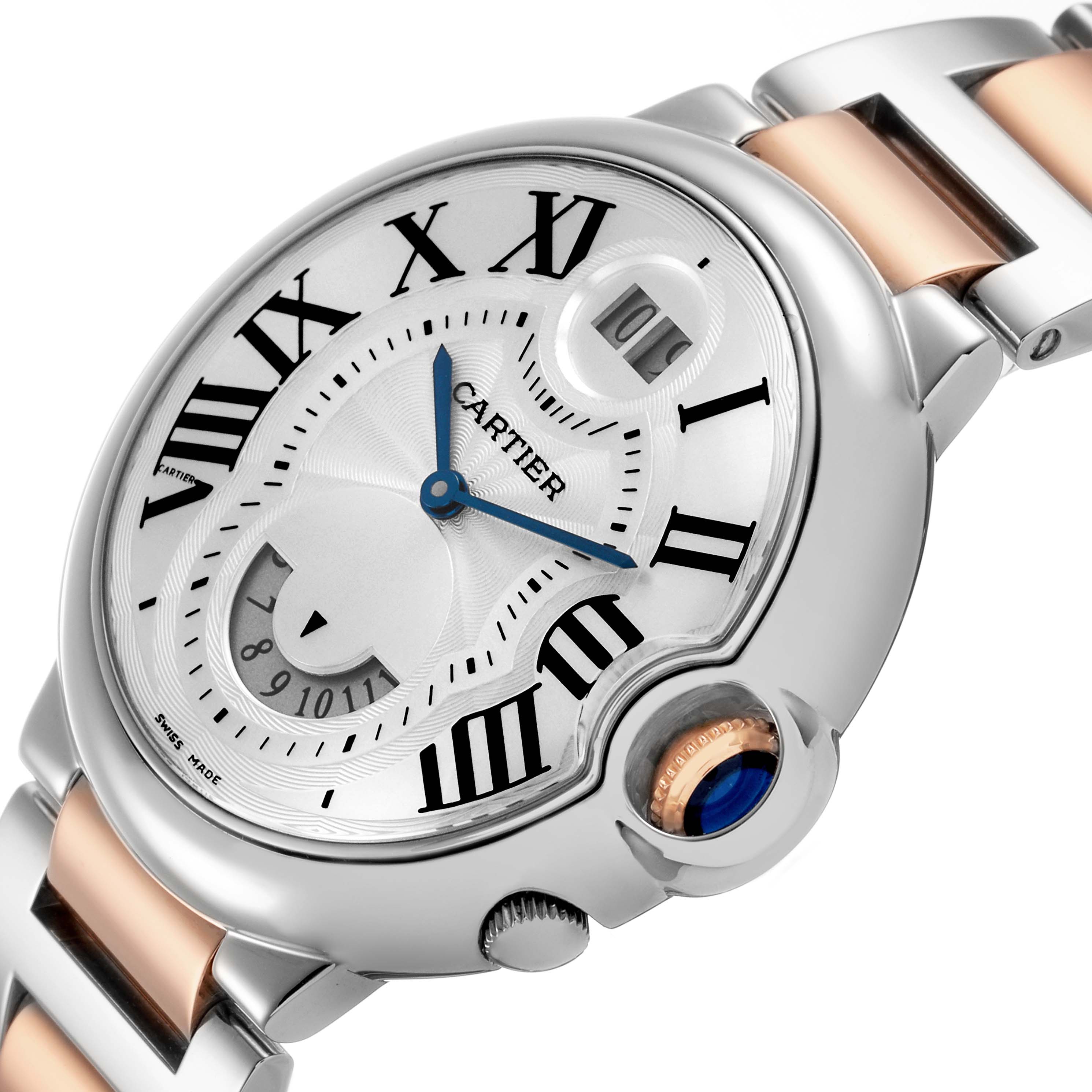 The Cartier Ballon Bleu W6920027 Men's Stainless Steel Silver Dial watch is shown at a slight angle, highlighting its face, Roman numerals, crown with blue cabochon, and two-tone bracelet.