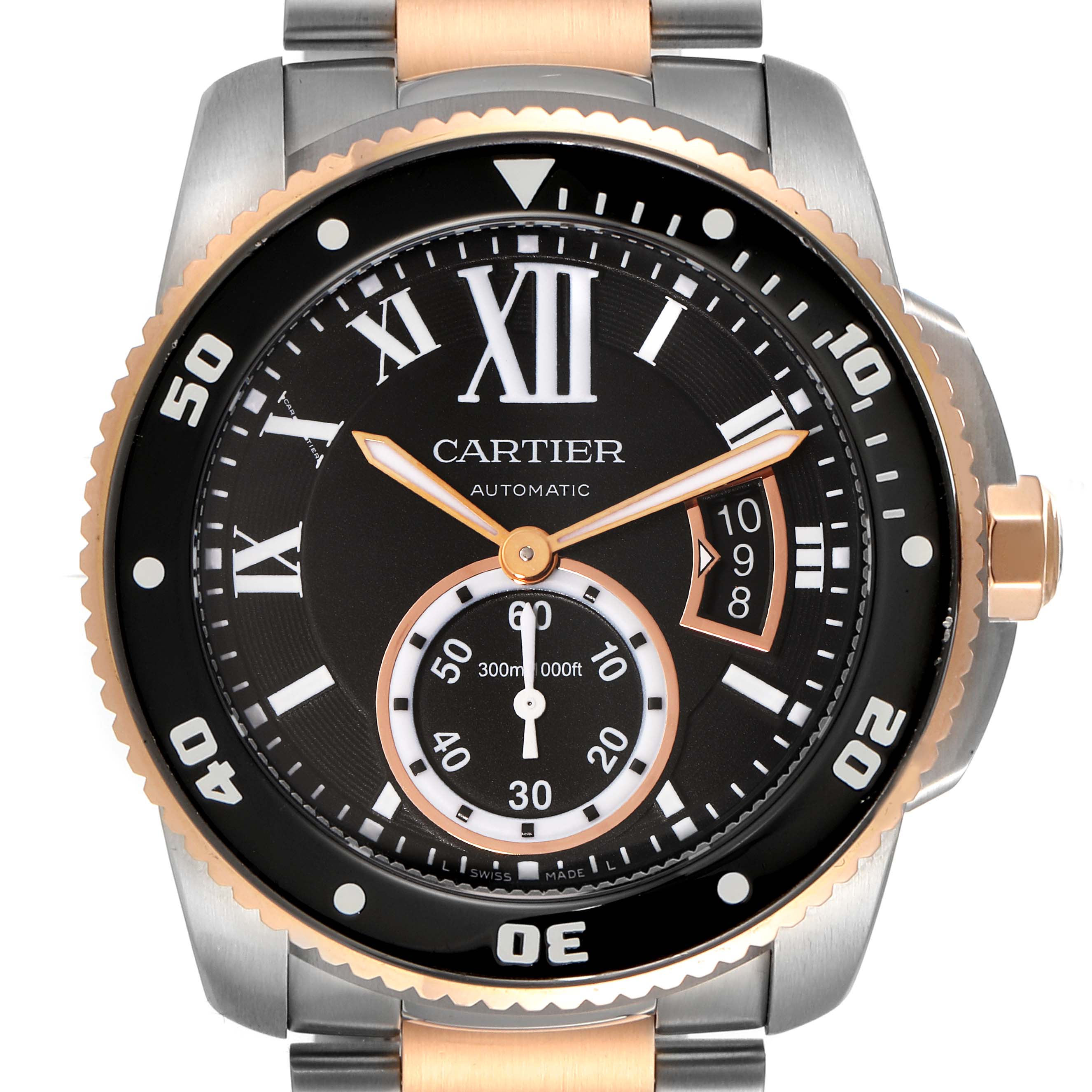 This image shows a front view of the Calibre de Cartier watch by Cartier, highlighting the dial and bezel.