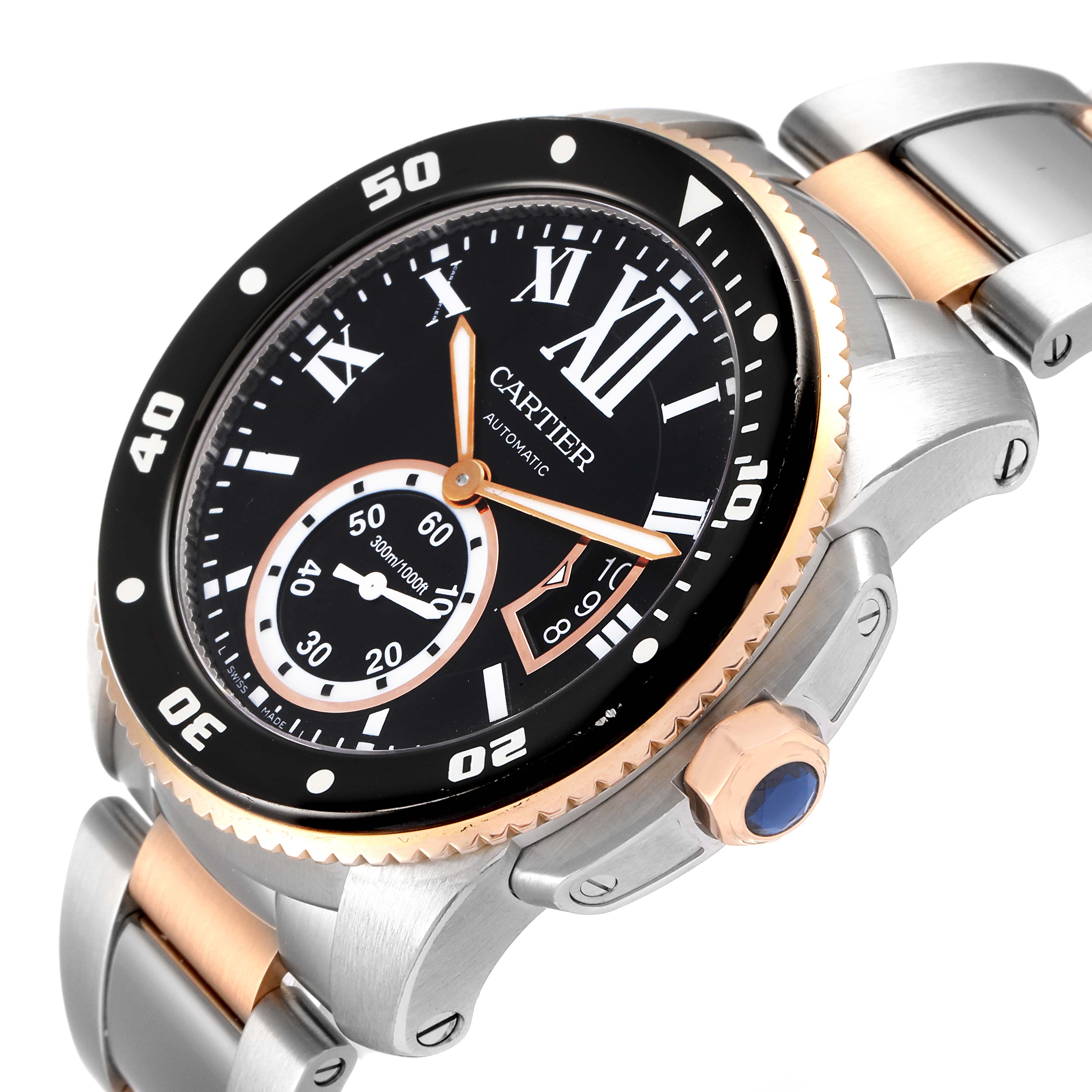 The image shows a side and front angle of the Calibre de Cartier watch by Cartier, highlighting its dial, bezel, and bracelet.