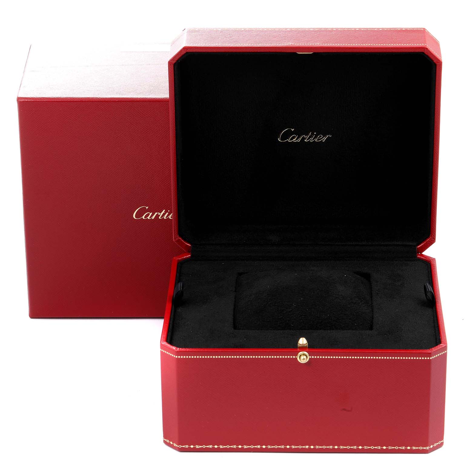 The image shows an open red Cartier watch box for the Calibre de Cartier model, displaying the interior lined in black.