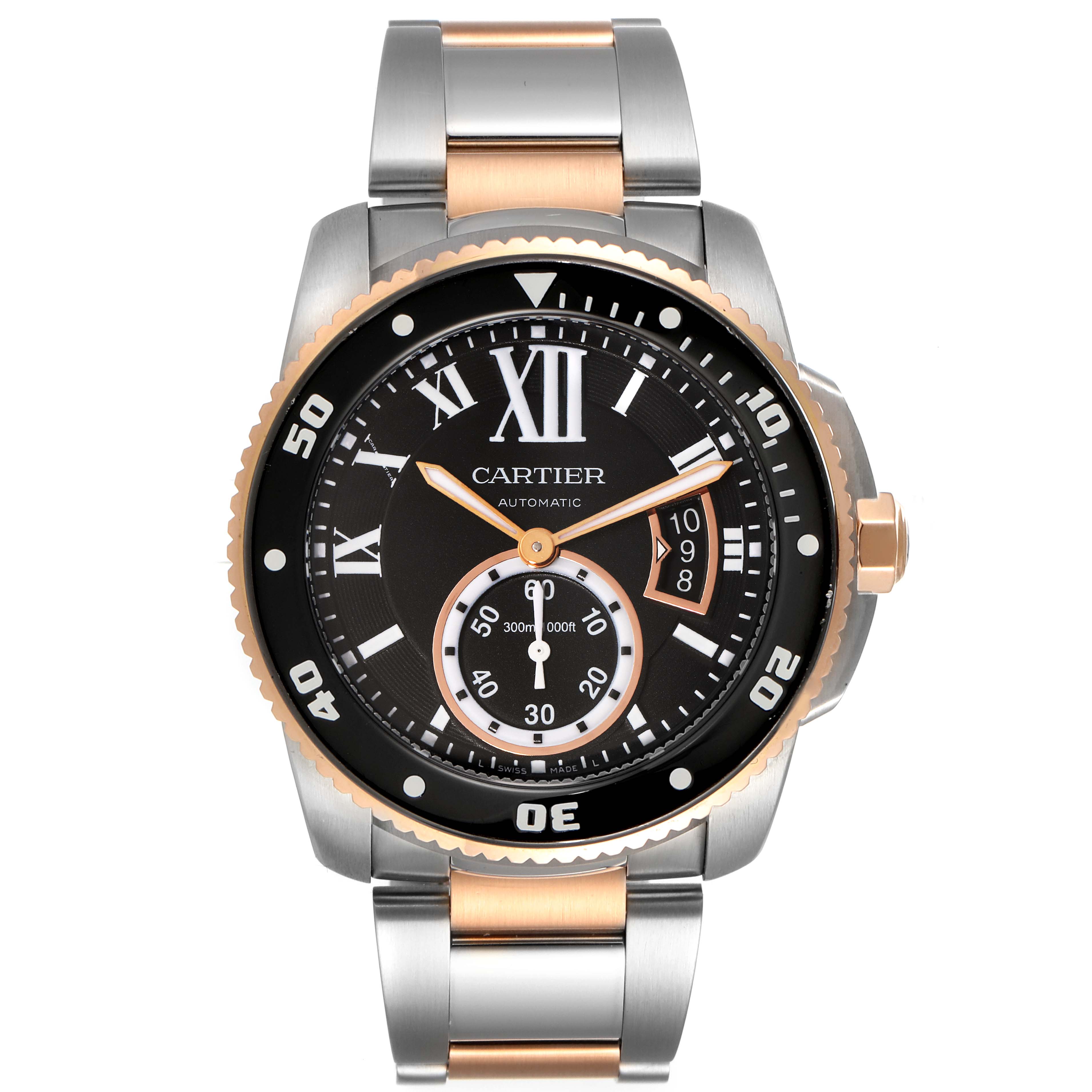 This image shows a front view of the Calibre de Cartier watch by Cartier, displaying the face, bezel, and metal bracelet.