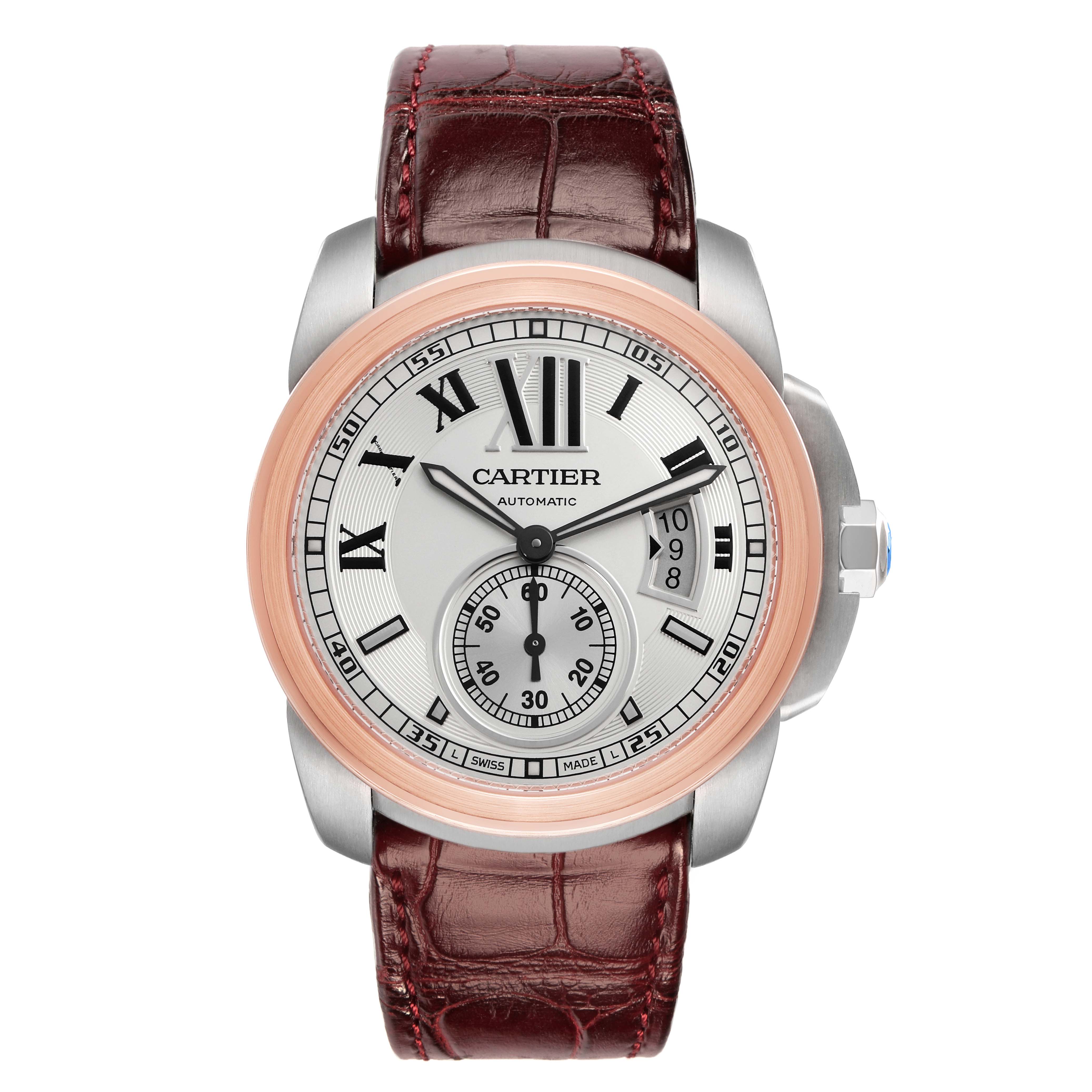 The image shows a front view of the Calibre de Cartier watch, highlighting the dial, bezel, and leather strap.