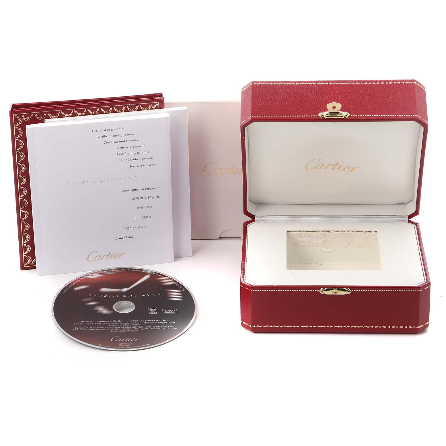 The image shows a red Cartier watch box, warranty booklet, and a disc for the Calibre de Cartier model by Cartier.