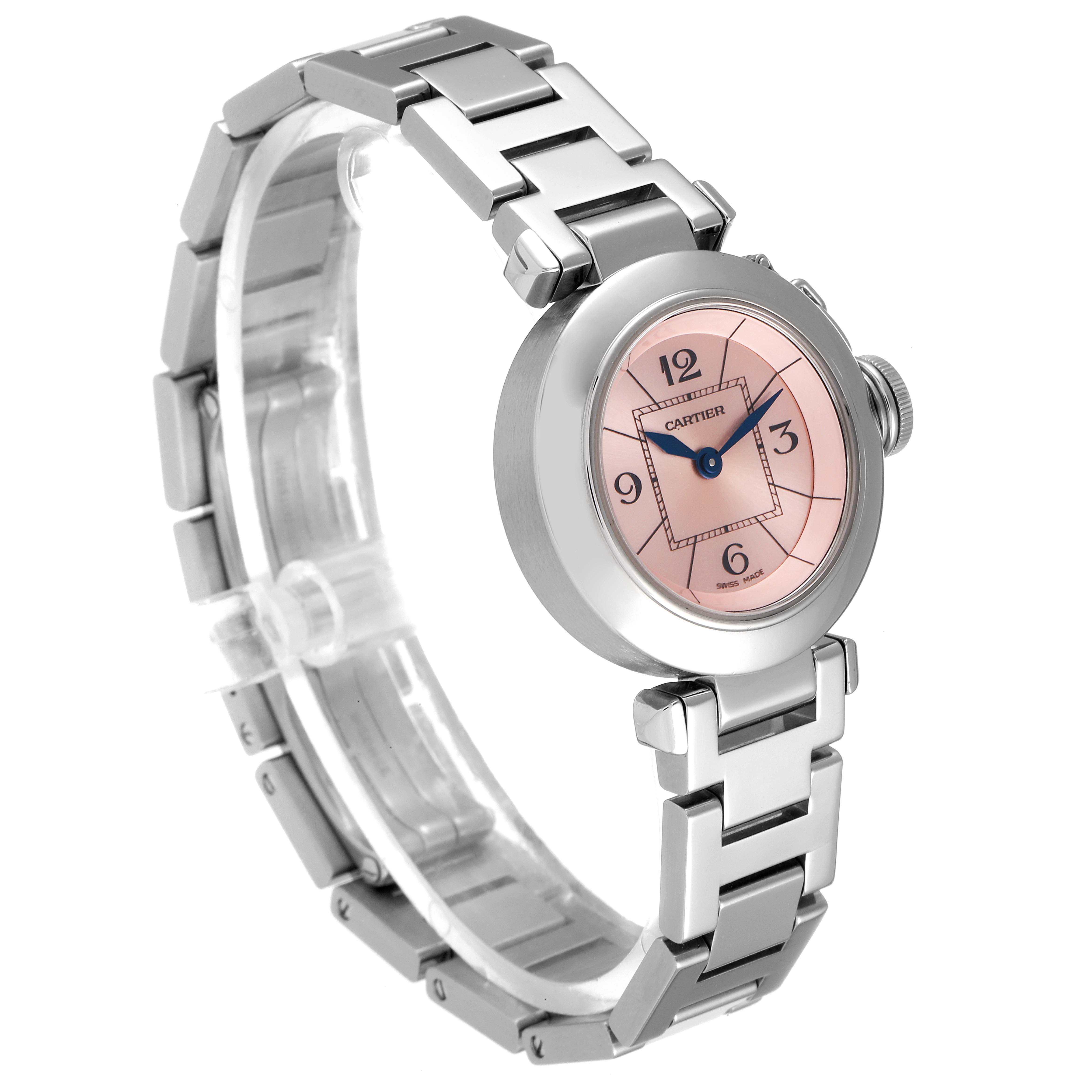 The image shows a side and front angle of the Cartier Pasha W3140008 Women's Stainless Steel Pink Dial W3140008 Women's Stainless Steel Pink Dial watch, highlighting the dial and metal bracelet.