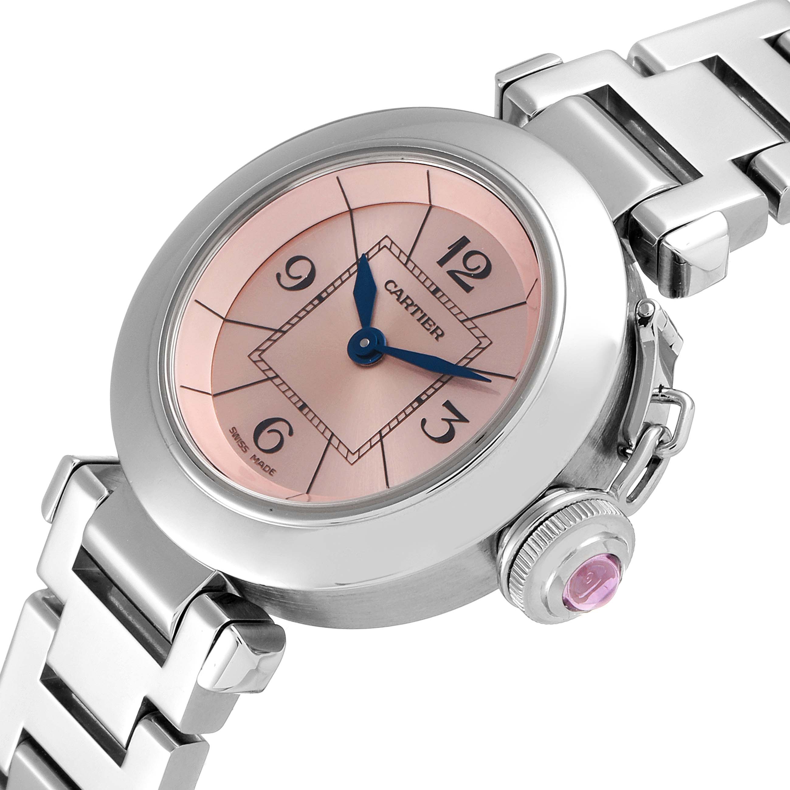 This image shows a close-up, angled view of the Cartier Pasha W3140008 Women's Stainless Steel Pink Dial W3140008 Women's Stainless Steel Pink Dial watch, highlighting the face, crown, and part of the metal bracelet.