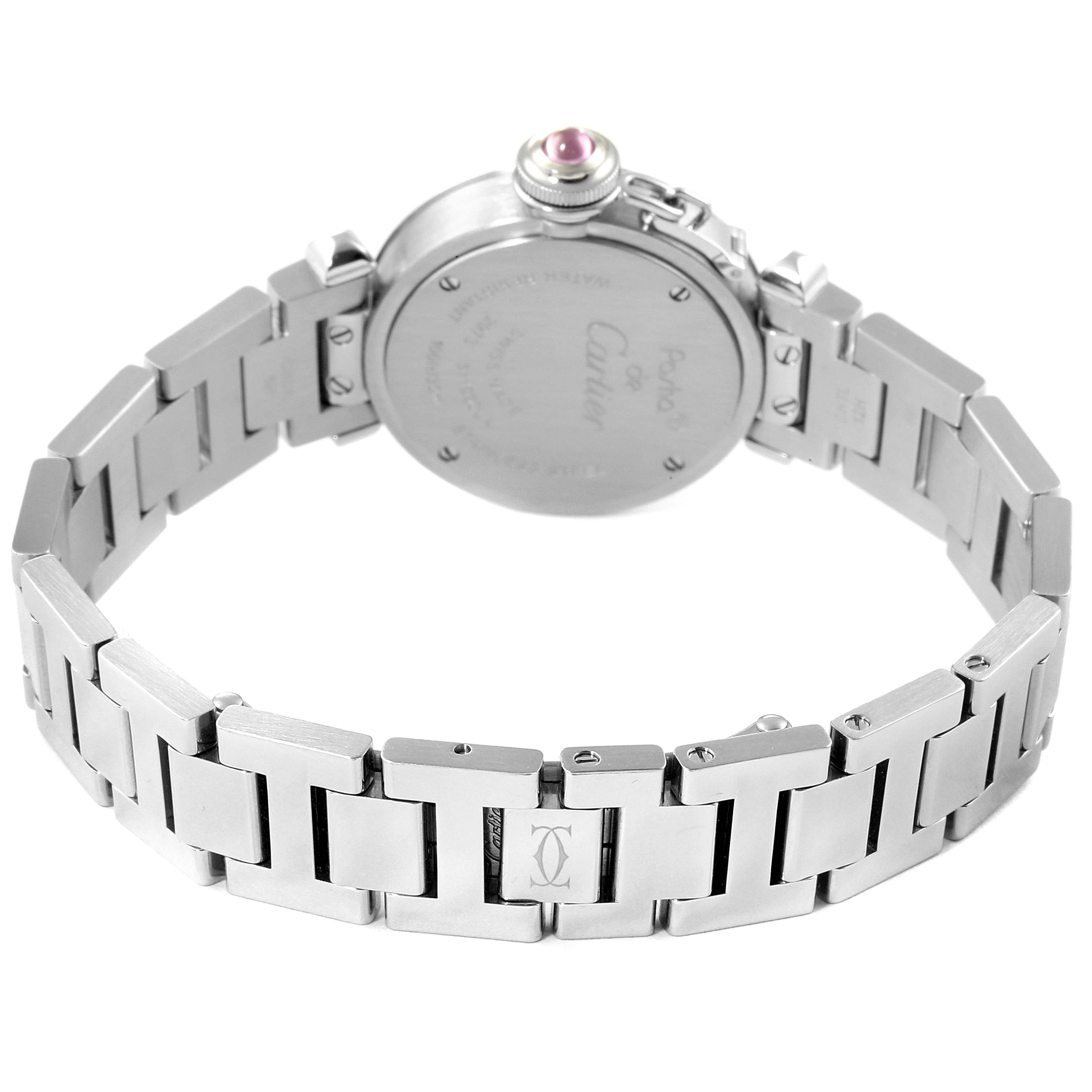 This image shows the rear view of a Cartier Pasha W3140008 Women's Stainless Steel Pink Dial W3140008 Women's Stainless Steel Pink Dial model watch, highlighting the back case and stainless steel bracelet.