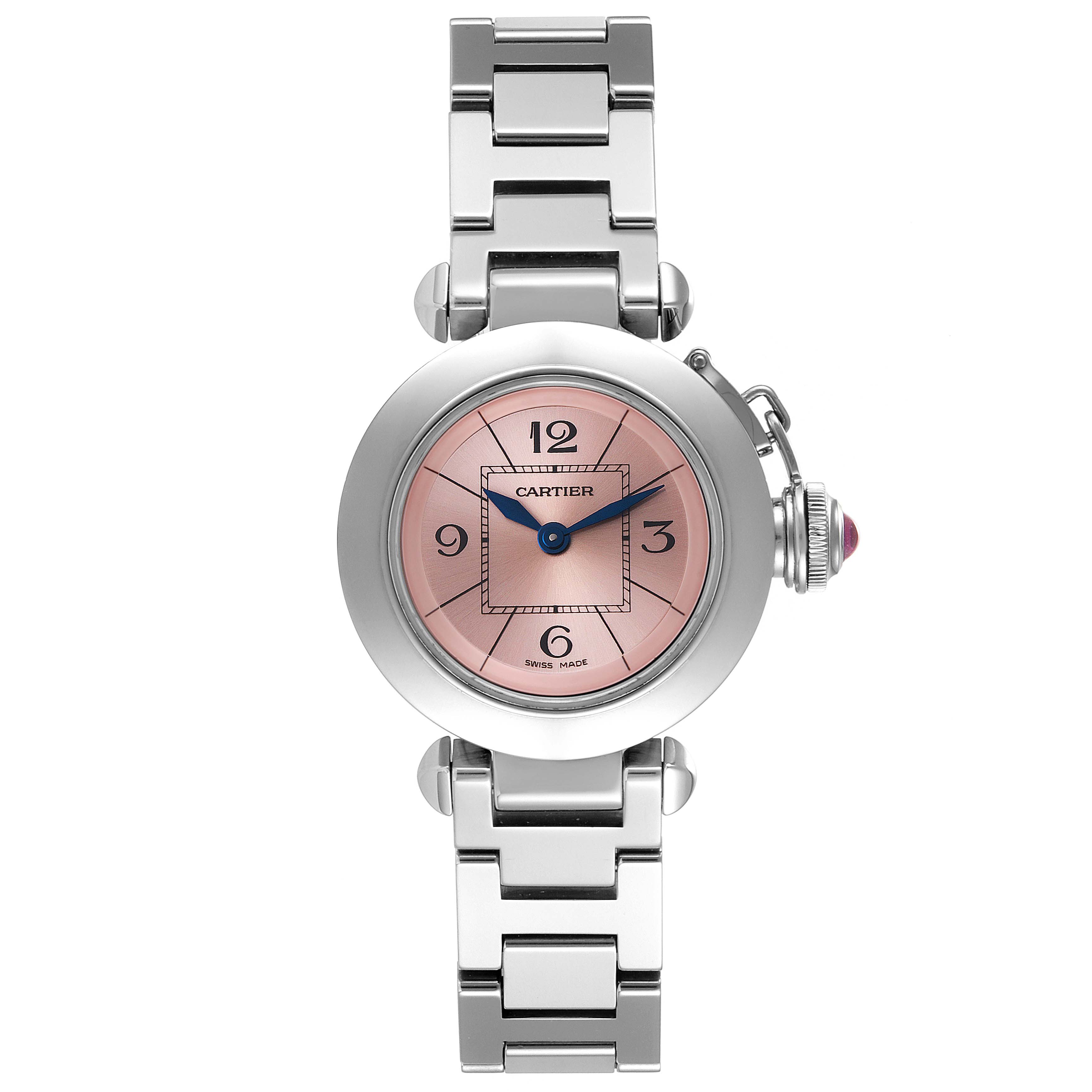 The image shows a Cartier Pasha W3140008 Women's Stainless Steel Pink Dial W3140008 Women's Stainless Steel Pink Dial watch from a straight-on angle, highlighting the pink dial, blue hands, steel bracelet, and unique crown.