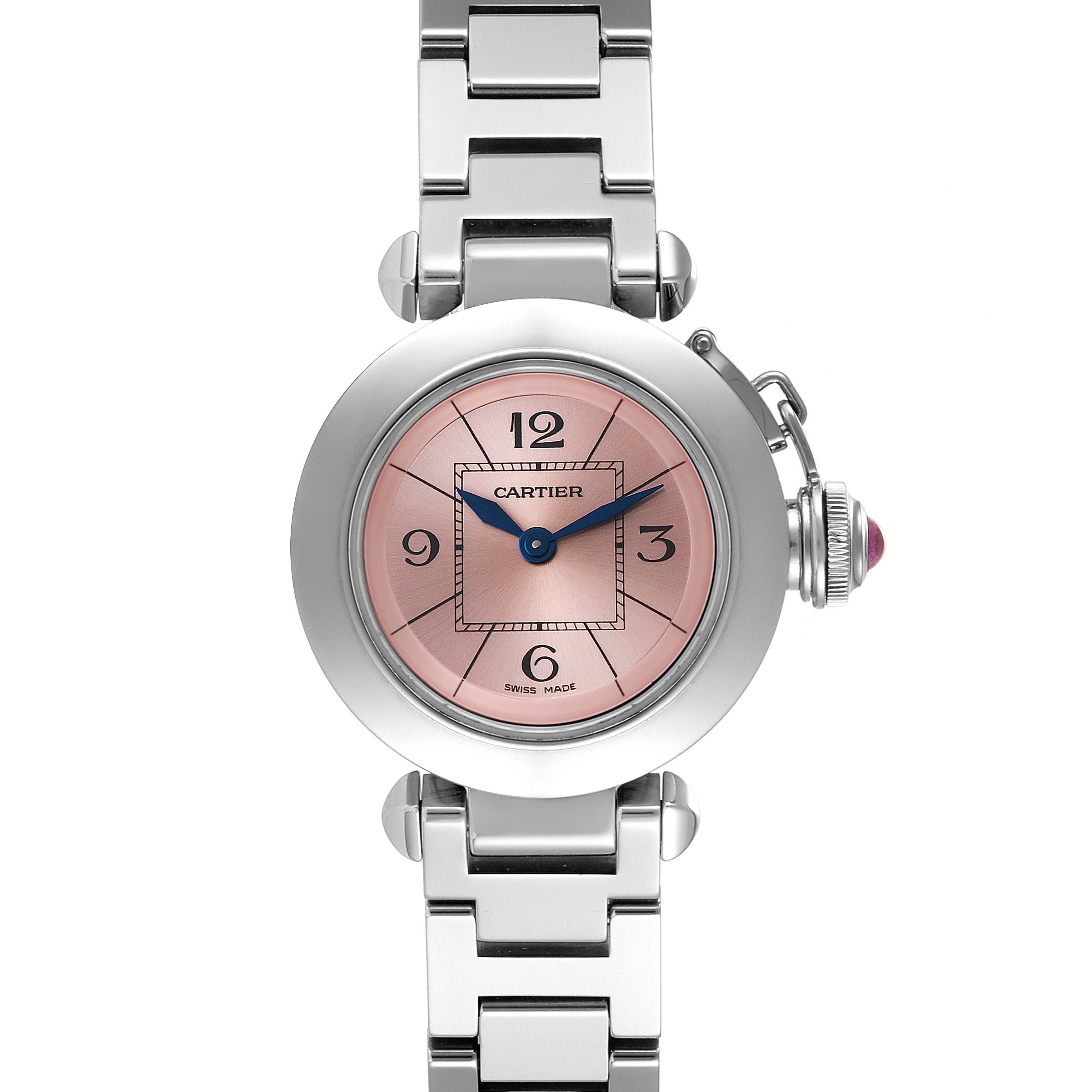 This image shows a Cartier Pasha W3140008 Women's Stainless Steel Pink Dial W3140008 Women's Stainless Steel Pink Dial watch from a front angle, highlighting its pink dial, steel case, bracelet, and crown.