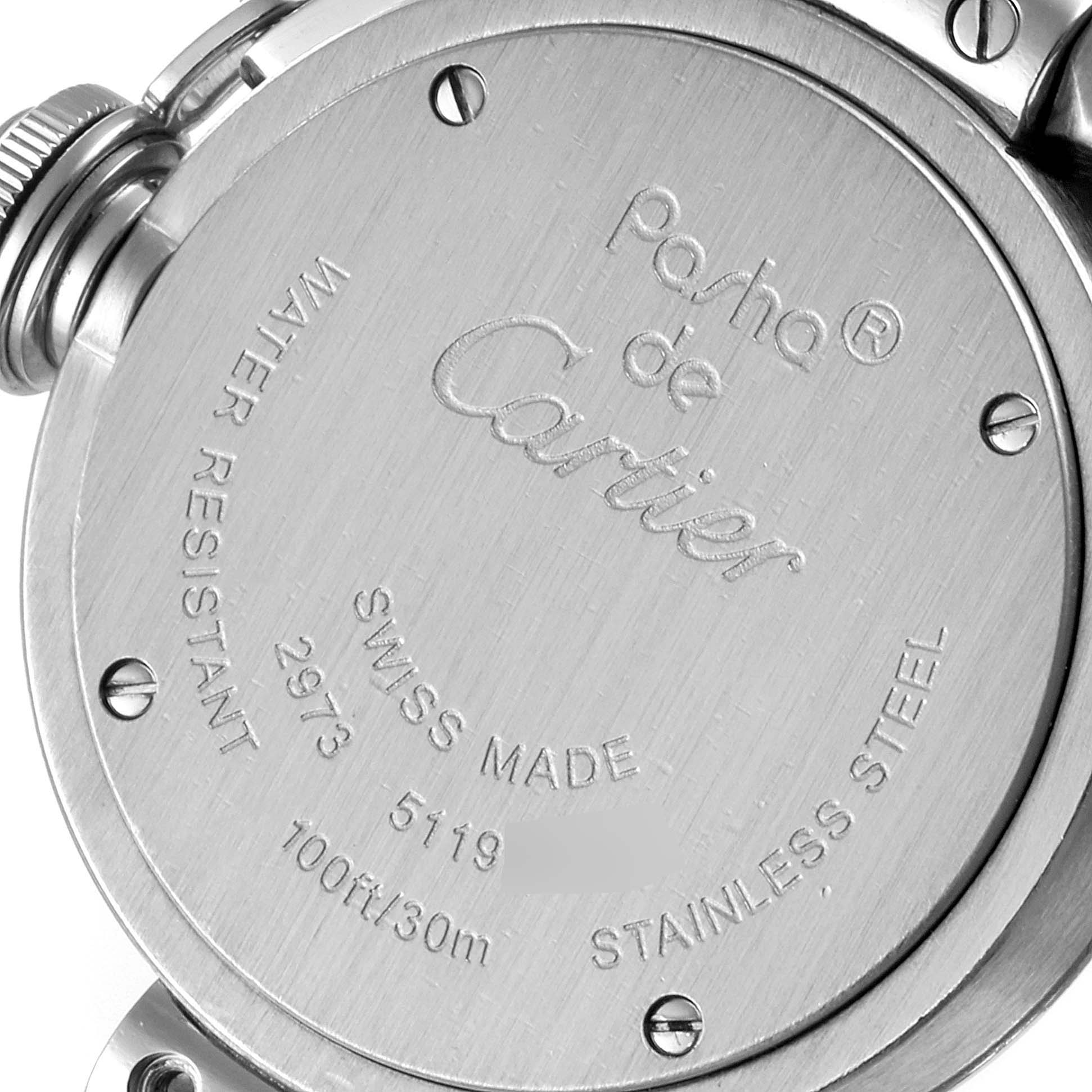 The image shows the back case of a Cartier Pasha W3140008 Women's Stainless Steel Pink Dial W3140008 Women's Stainless Steel Pink Dial watch, highlighting its engravings and screw details.