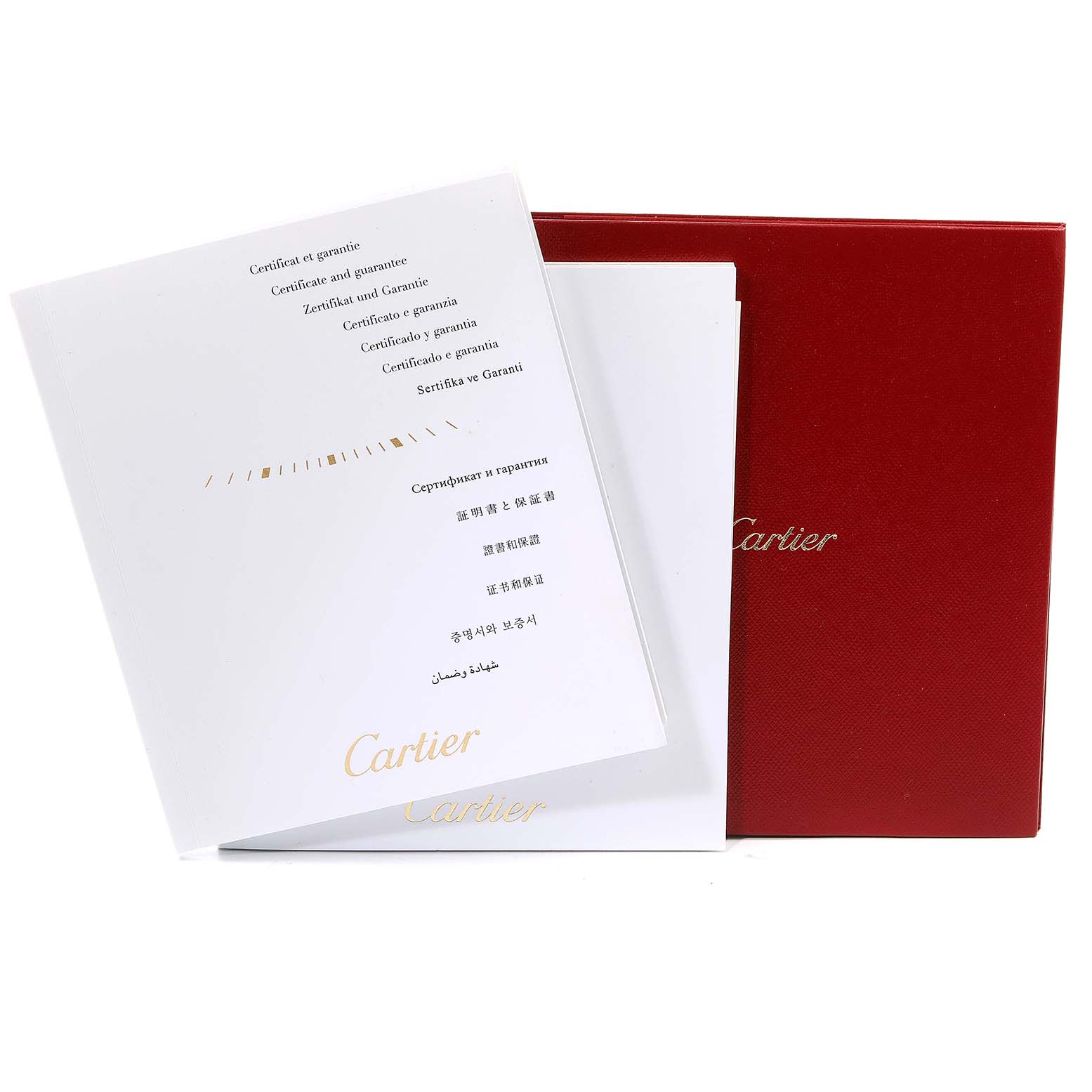 The image shows the warranty certificate and red packaging box for the Cartier Pasha W3140008 Women's Stainless Steel Pink Dial W3140008 Women's Stainless Steel Pink Dial watch, with both items displaying the Cartier logo.