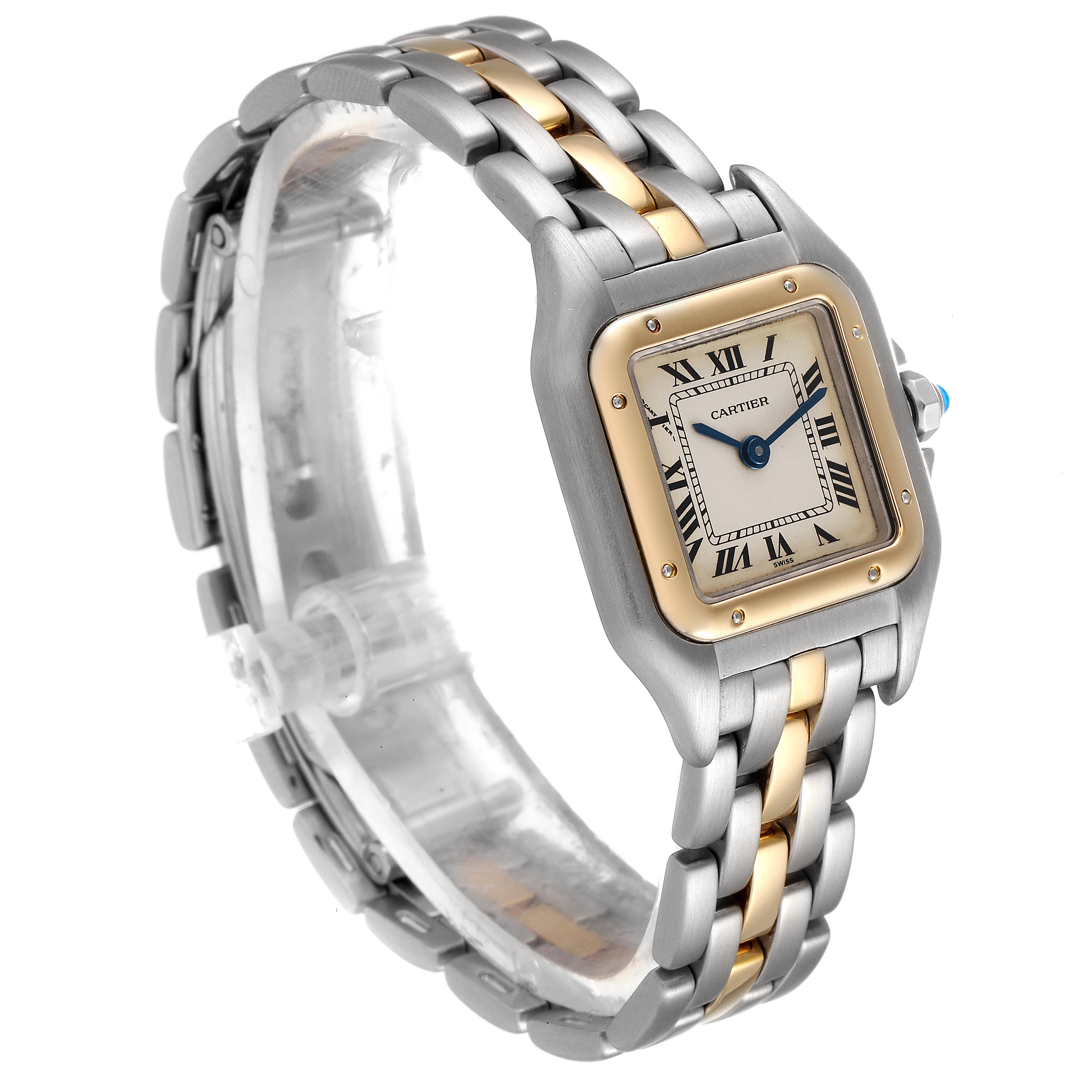 The image shows a Panthere model by Cartier at a three-quarter angle, highlighting its two-tone bracelet and square dial with Roman numerals.