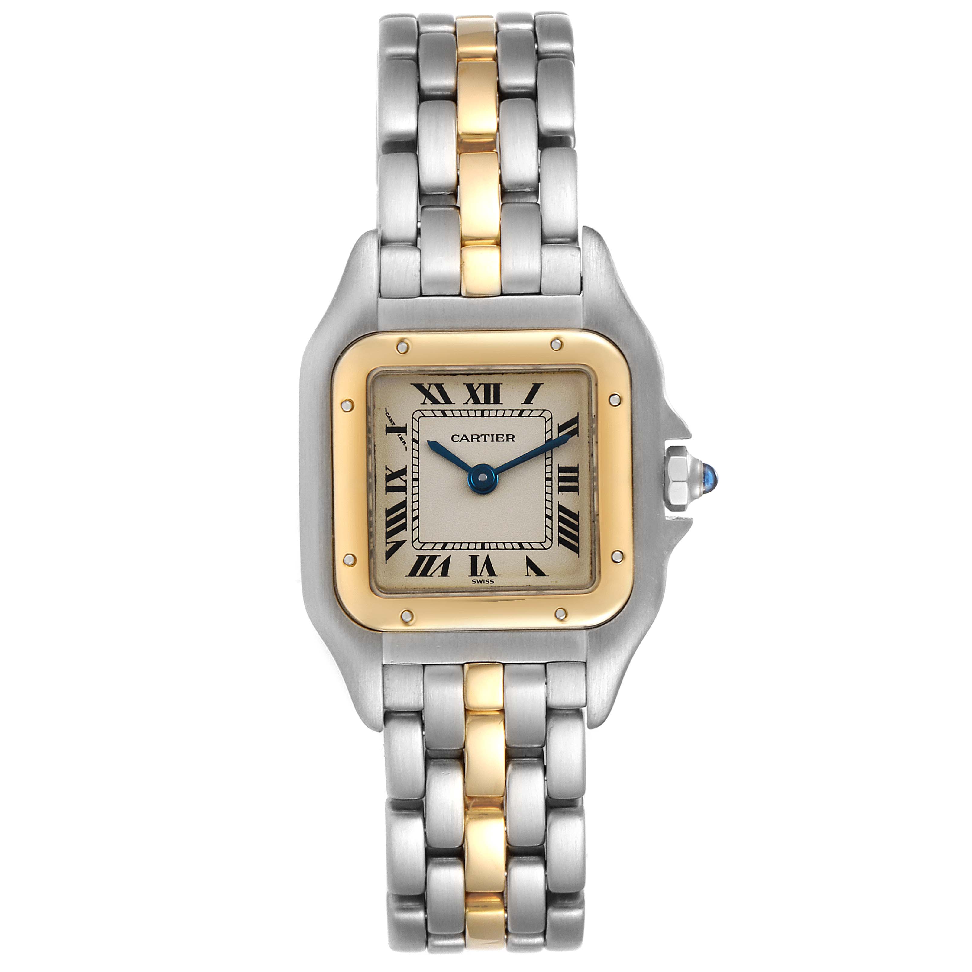 The image shows a Cartier Panthere W25029B5 Women
s Steel and Gold (two tone) Silver Dial W25029B5 Women
s Steel and Gold (two tone) Silver Dial watch from a front view, displaying its two-tone metal bracelet and square dial with Roman numerals.