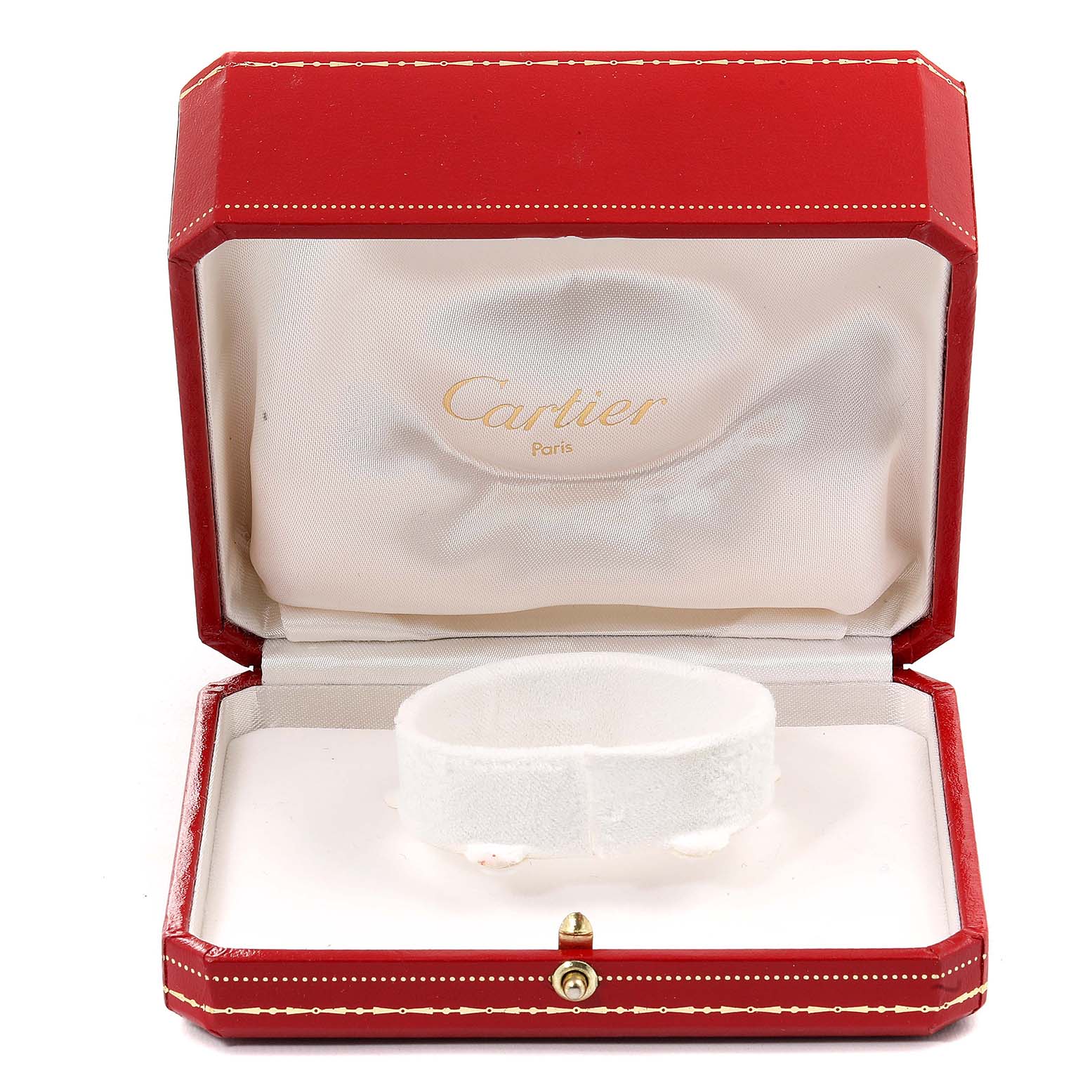 The image shows a Cartier Panthere W25029B5 Women
s Steel and Gold (two tone) Silver Dial W25029B5 Women
s Steel and Gold (two tone) Silver Dial watch box, open, revealing the velvet cushion inside.