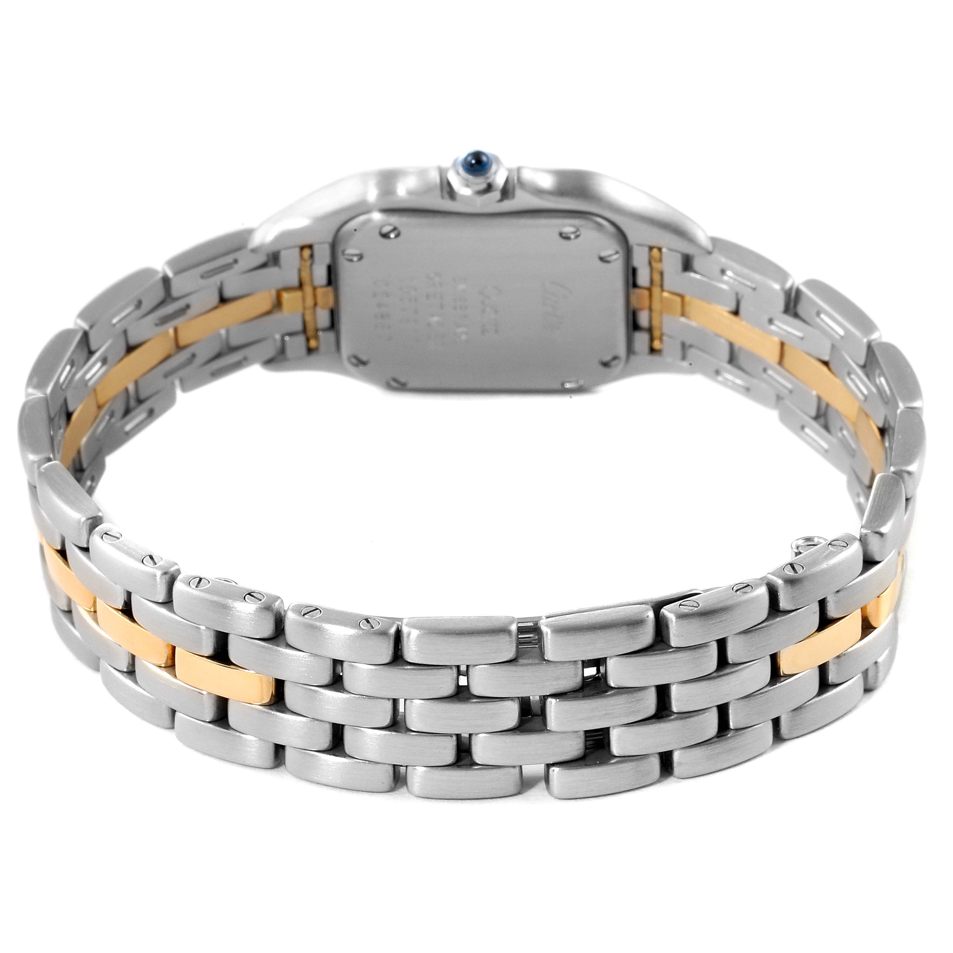 This image shows the back view of the bracelet and case of a Cartier Panthere W25029B5 Women
s Steel and Gold (two tone) Silver Dial W25029B5 Women
s Steel and Gold (two tone) Silver Dial watch.
