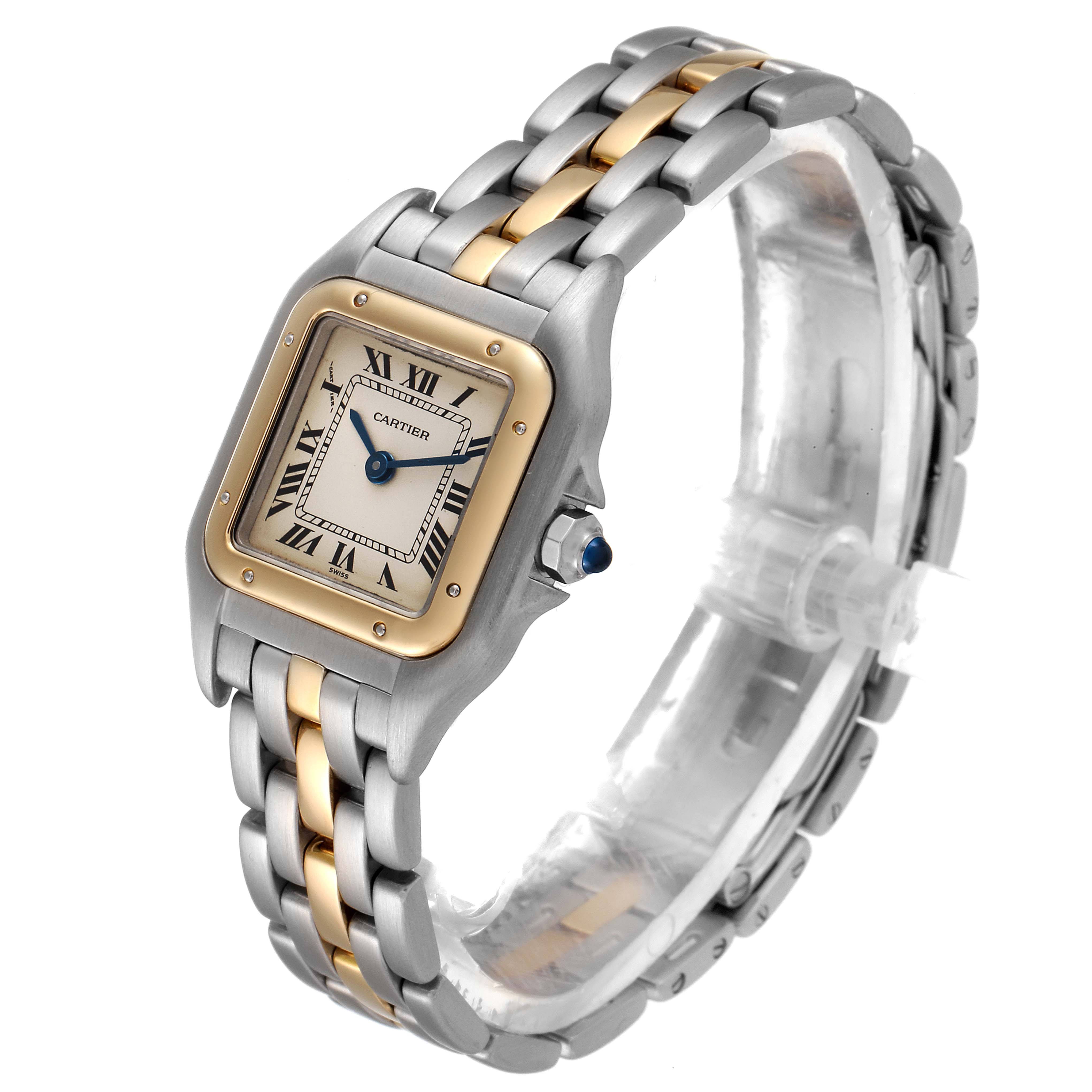 The image shows a Cartier Panthere W25029B5 Women
s Steel and Gold (two tone) Silver Dial W25029B5 Women
s Steel and Gold (two tone) Silver Dial model watch at an angle displaying its face, two-tone band, and crown.