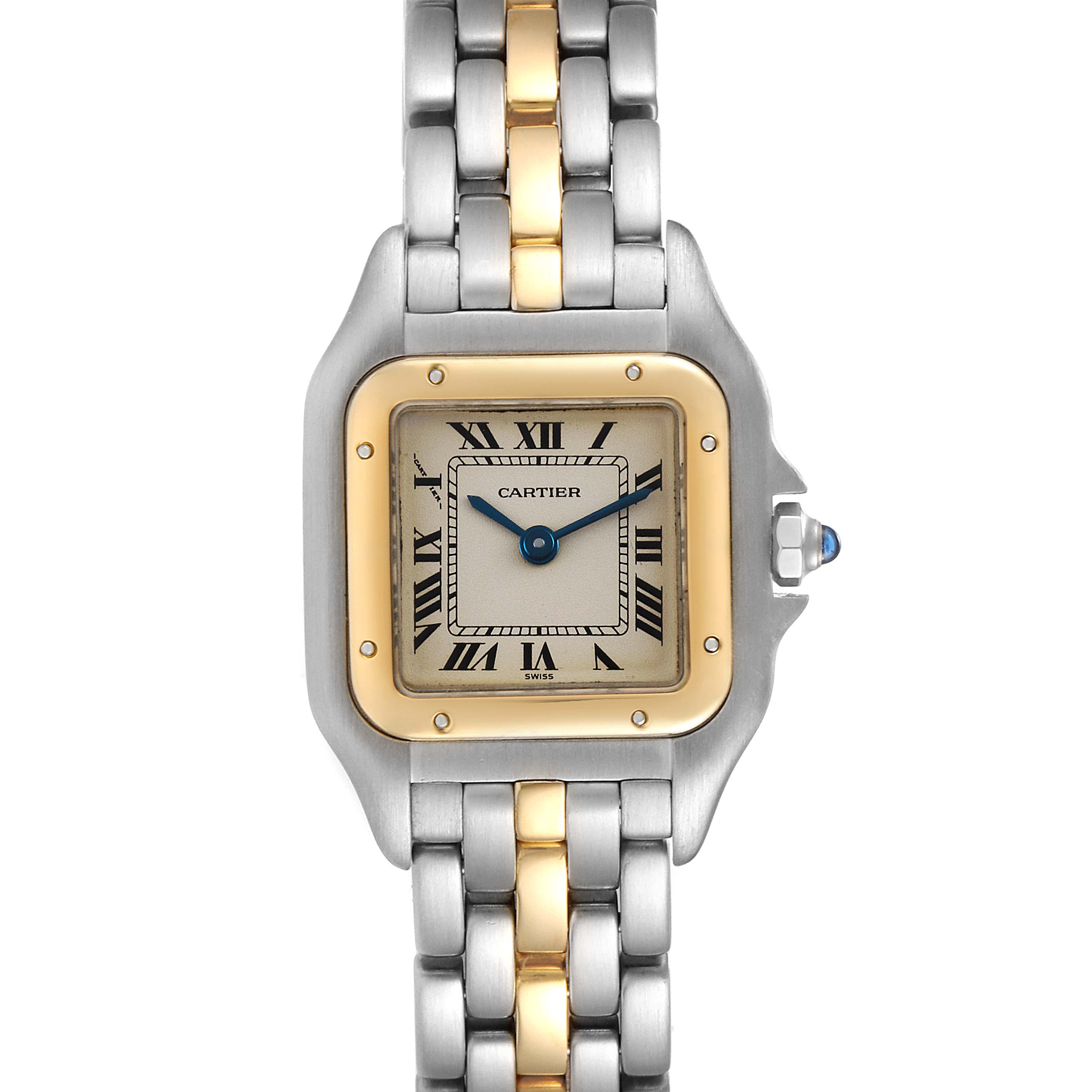 The image shows a front view of the Cartier Panthere W25029B5 Women
s Steel and Gold (two tone) Silver Dial W25029B5 Women
s Steel and Gold (two tone) Silver Dial watch, highlighting its square face, Roman numerals, and two-tone band.
