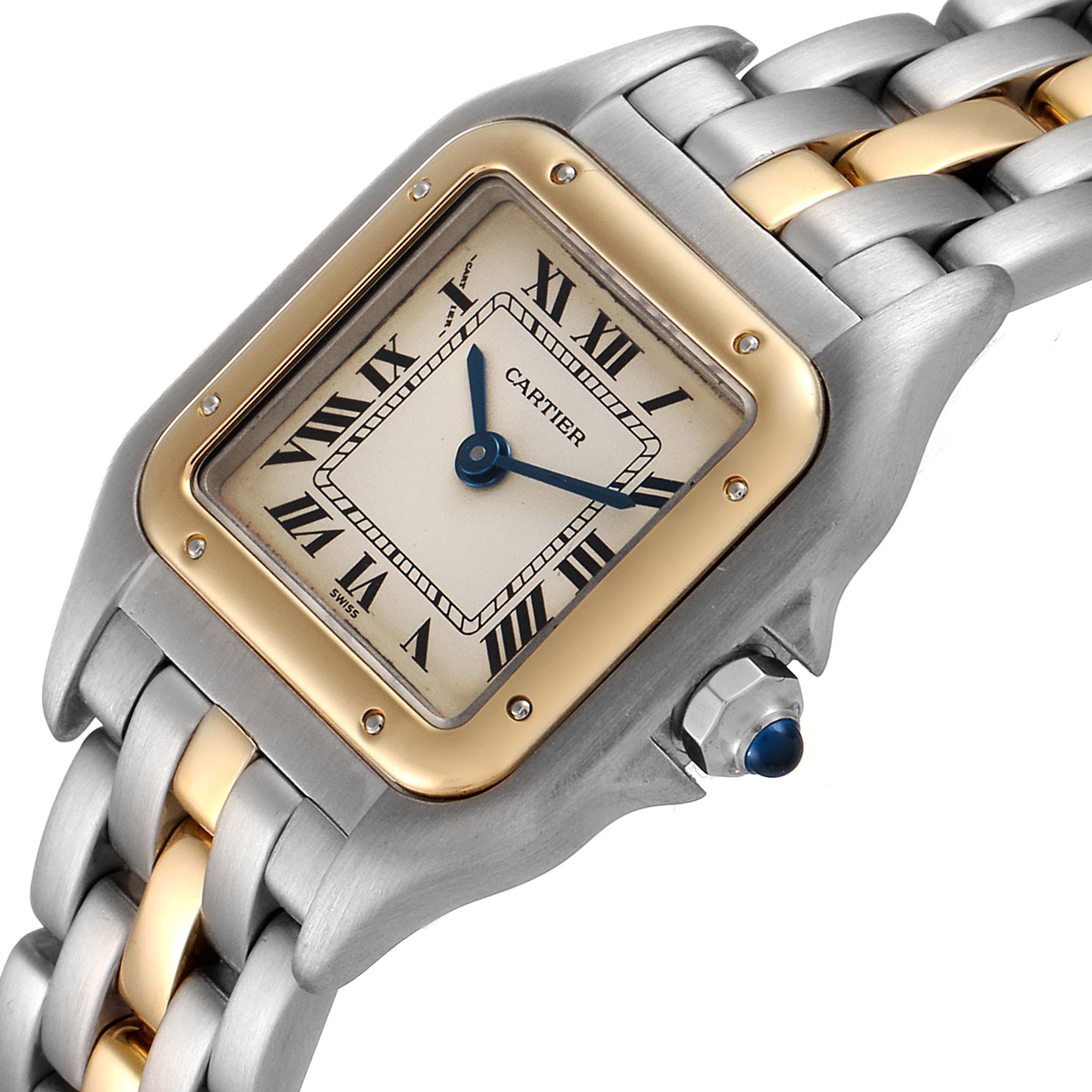 The image shows a close-up angle of the Cartier Panthere W25029B5 Women
s Steel and Gold (two tone) Silver Dial W25029B5 Women
s Steel and Gold (two tone) Silver Dial model watch, highlighting the dial, bezel, and part of the bracelet.