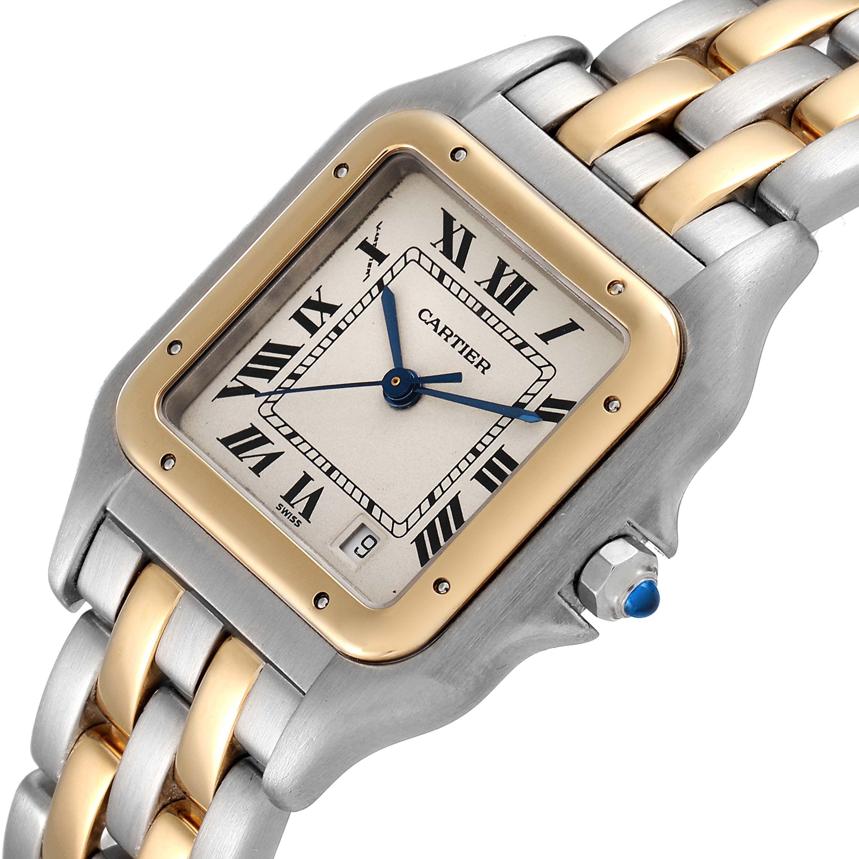This image shows a close-up angle of a Cartier Panthere W25028B8 Men's Steel and Gold (two tone) Silver Dial W25028B8 Men's Steel and Gold (two tone) Silver Dial watch, highlighting its face, Roman numerals, and two-tone bracelet.
