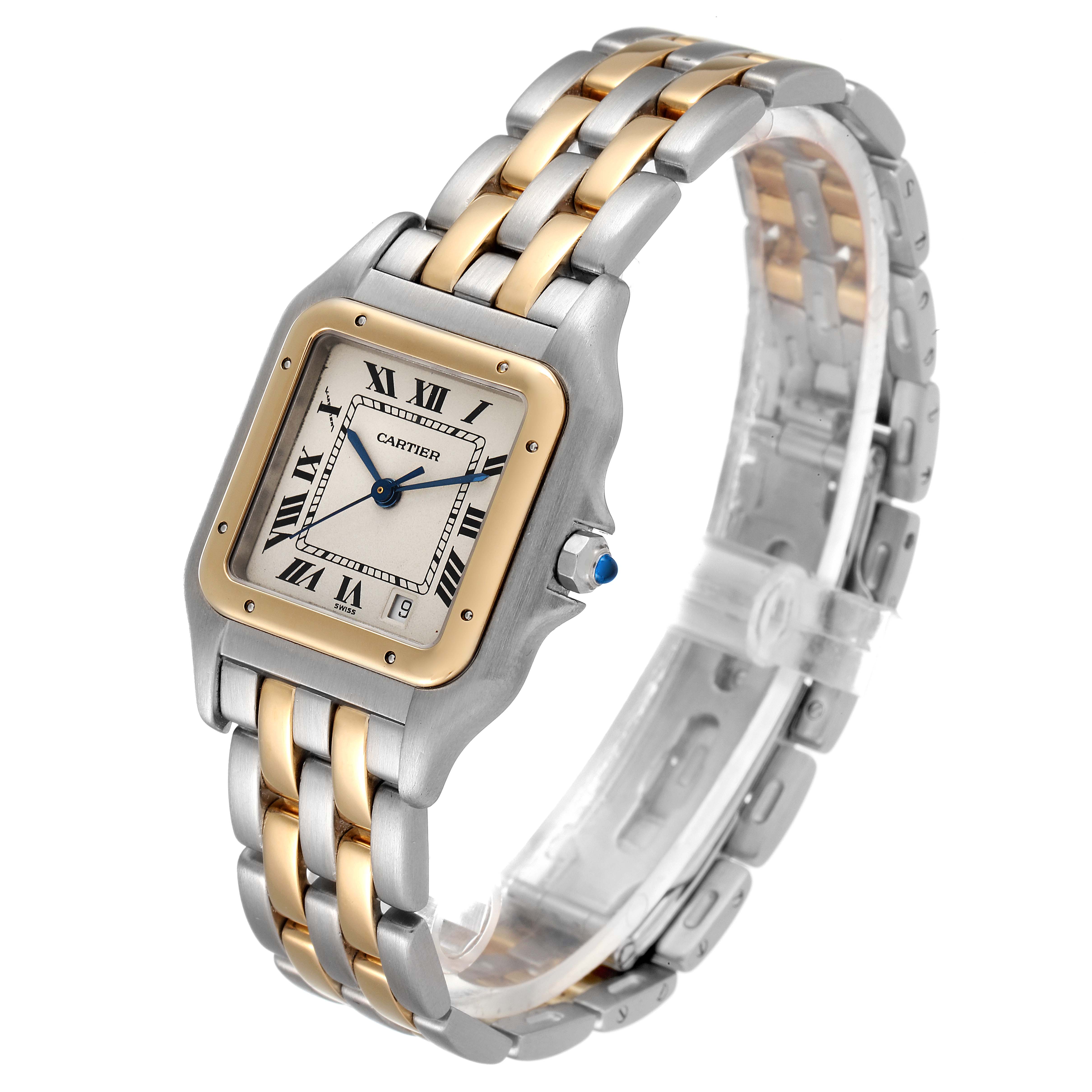 The image shows a Cartier Panthere W25028B8 Men's Steel and Gold (two tone) Silver Dial W25028B8 Men's Steel and Gold (two tone) Silver Dial model watch at a slight angle, highlighting its two-tone bracelet, square face, and Roman numeral dial.