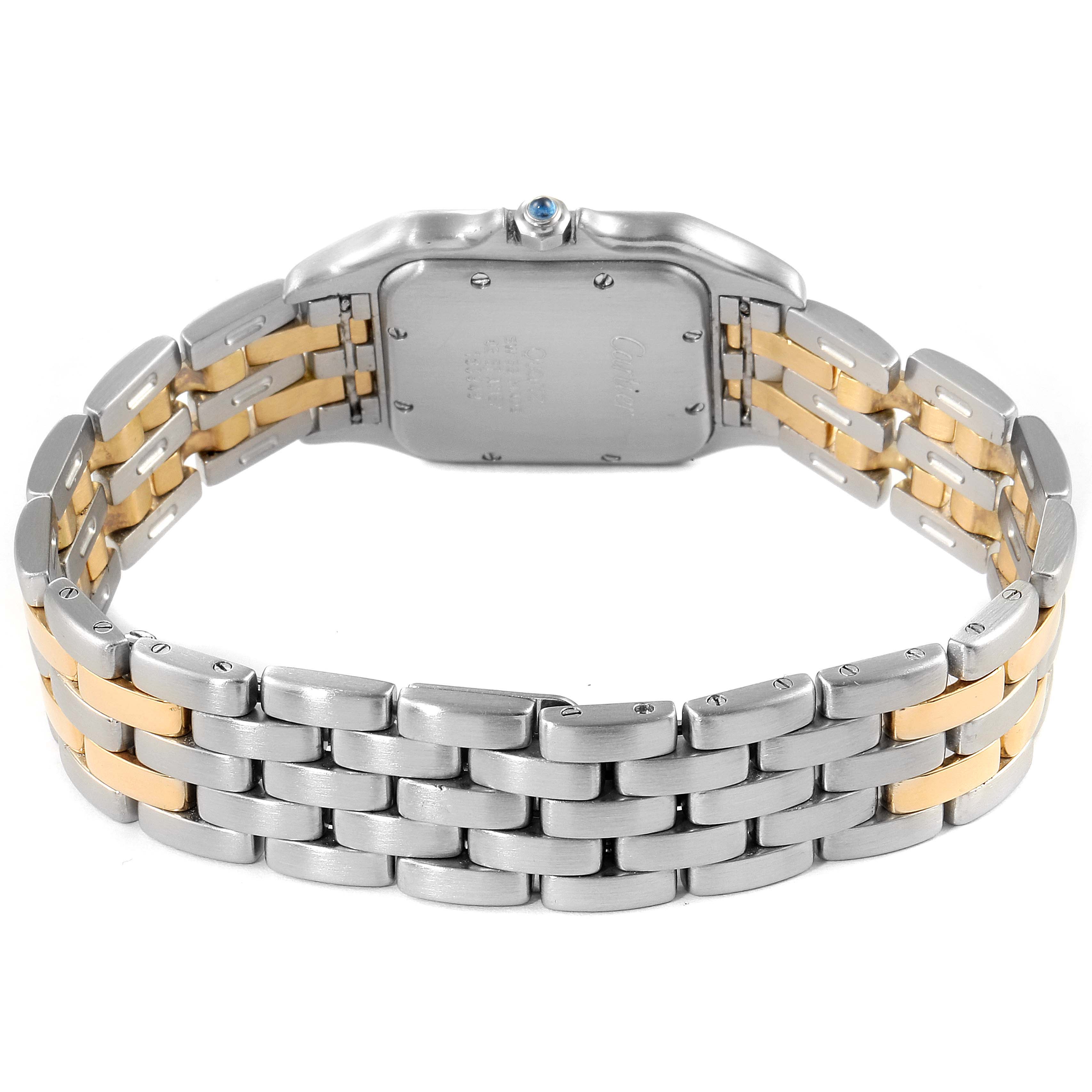 This image shows the back view of a Cartier Panthere W25028B8 Men's Steel and Gold (two tone) Silver Dial W25028B8 Men's Steel and Gold (two tone) Silver Dial watch, highlighting the back case and two-tone bracelet.