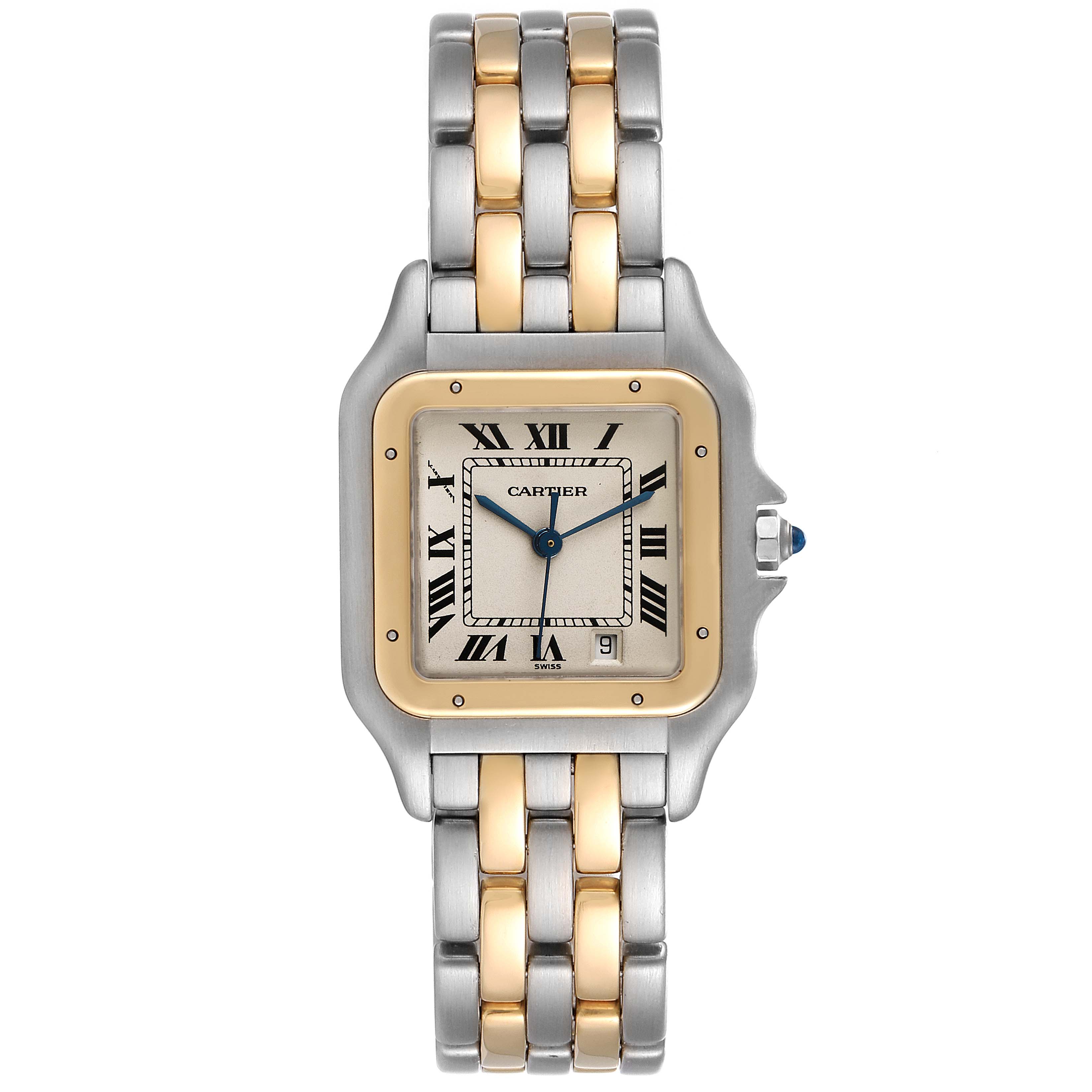 The image shows a front view of the Cartier Panthere W25028B8 Men's Steel and Gold (two tone) Silver Dial W25028B8 Men's Steel and Gold (two tone) Silver Dial watch, featuring a two-tone bracelet and a square dial with Roman numerals.