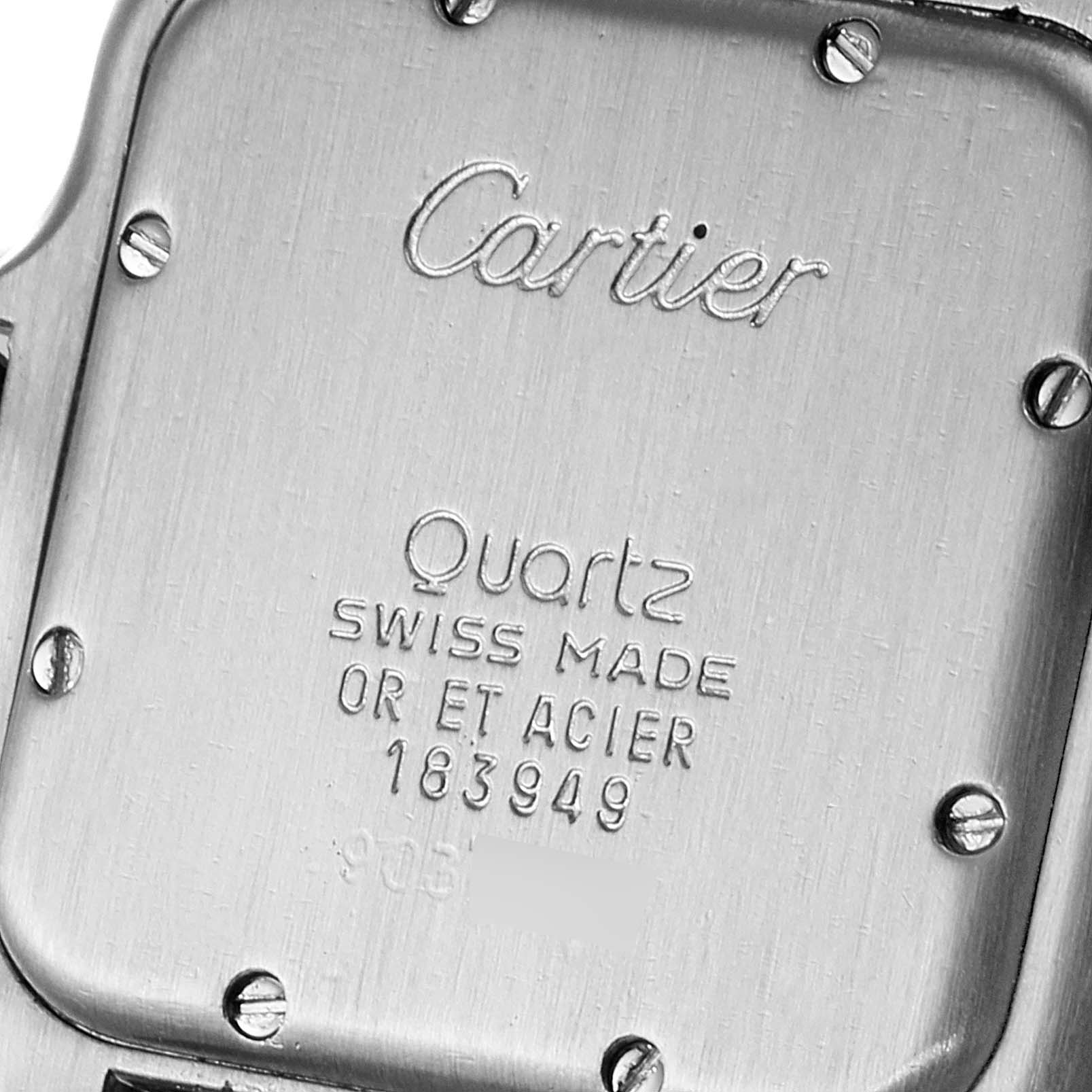 This image shows a close-up of the case back of a Cartier Panthere W25028B8 Men's Steel and Gold (two tone) Silver Dial W25028B8 Men's Steel and Gold (two tone) Silver Dial watch, displaying screws, inscriptions, and the model details.