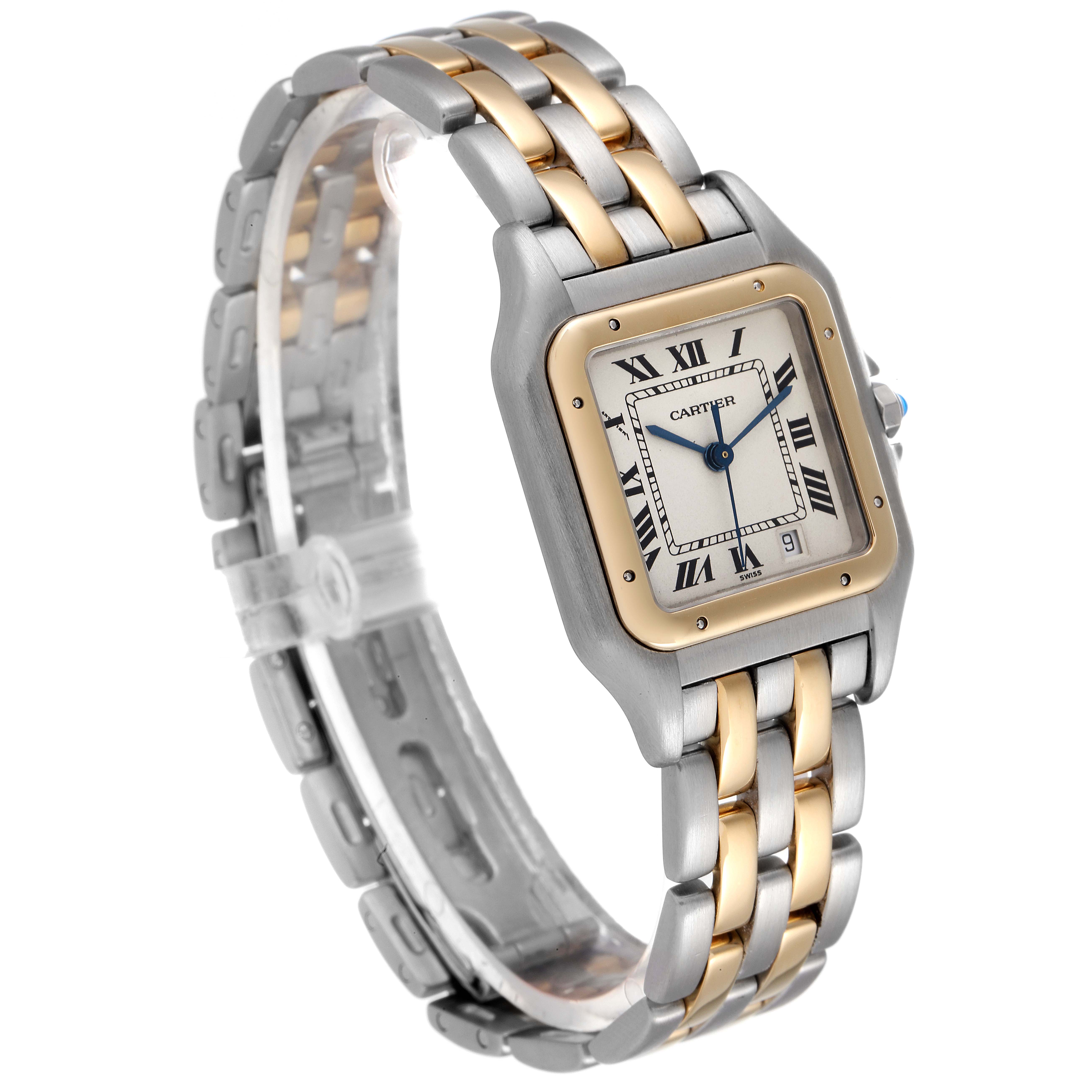 The image shows a Cartier Panthere W25028B8 Men's Steel and Gold (two tone) Silver Dial W25028B8 Men's Steel and Gold (two tone) Silver Dial watch at a three-quarter angle, revealing the face, bezel, and part of the band.