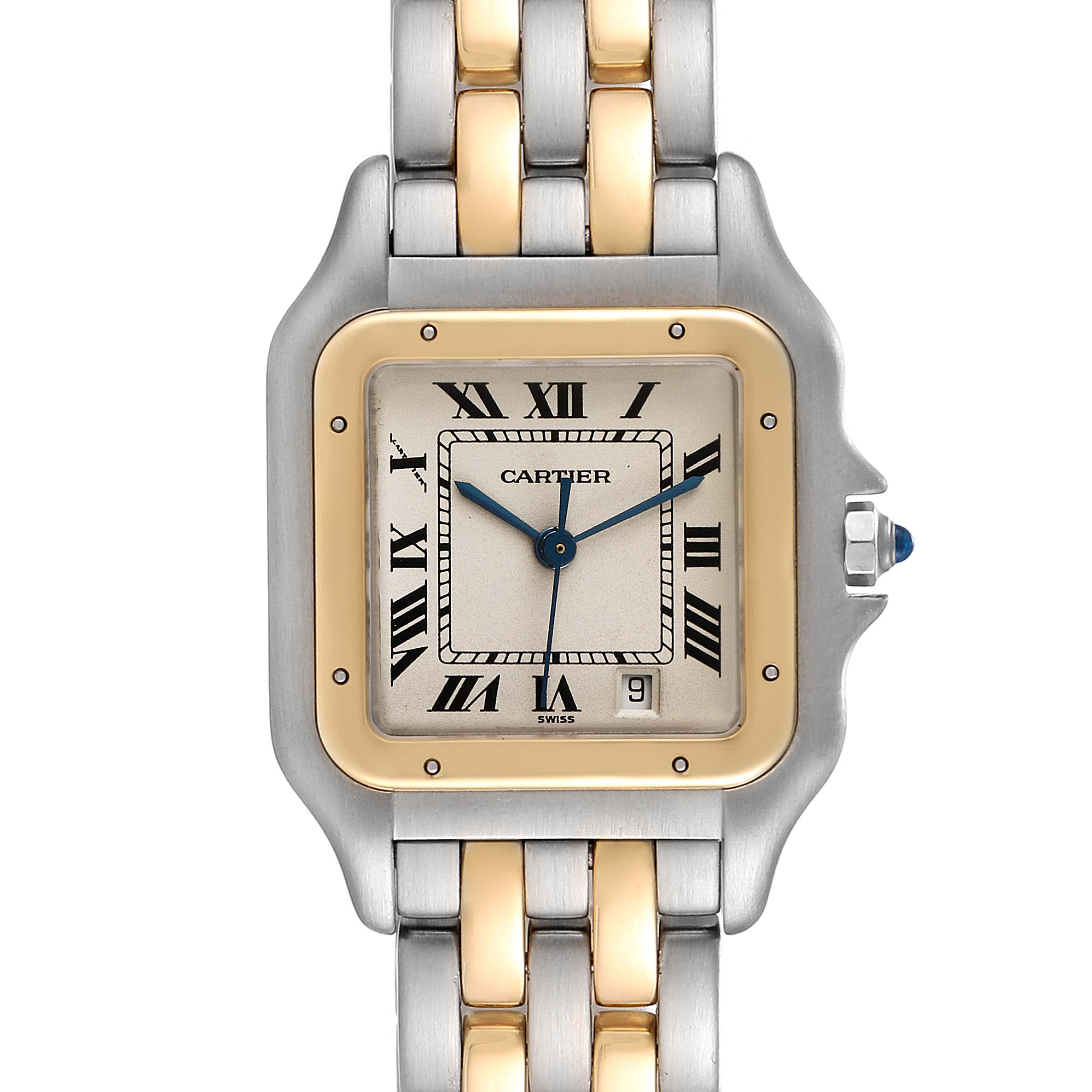 The image shows a front view of the Cartier Panthere W25028B8 Men's Steel and Gold (two tone) Silver Dial W25028B8 Men's Steel and Gold (two tone) Silver Dial model watch, highlighting its dial, bezel, crown, and two-tone bracelet.