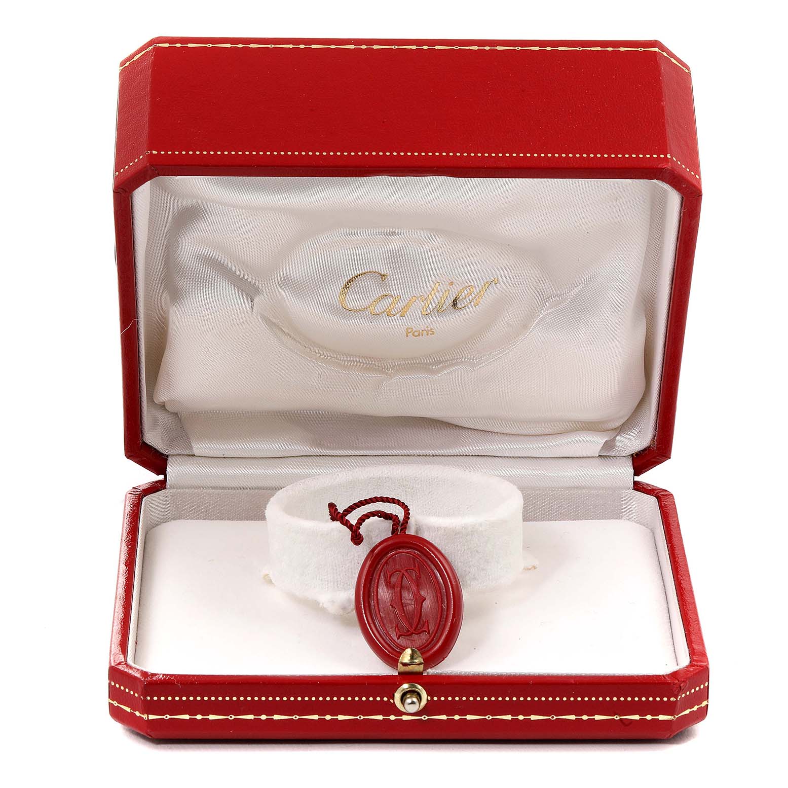 The image shows the Cartier Panthere W25028B8 Men's Steel and Gold (two tone) Silver Dial W25028B8 Men's Steel and Gold (two tone) Silver Dial watch box open, displaying a red seal tag with the Cartier logo.