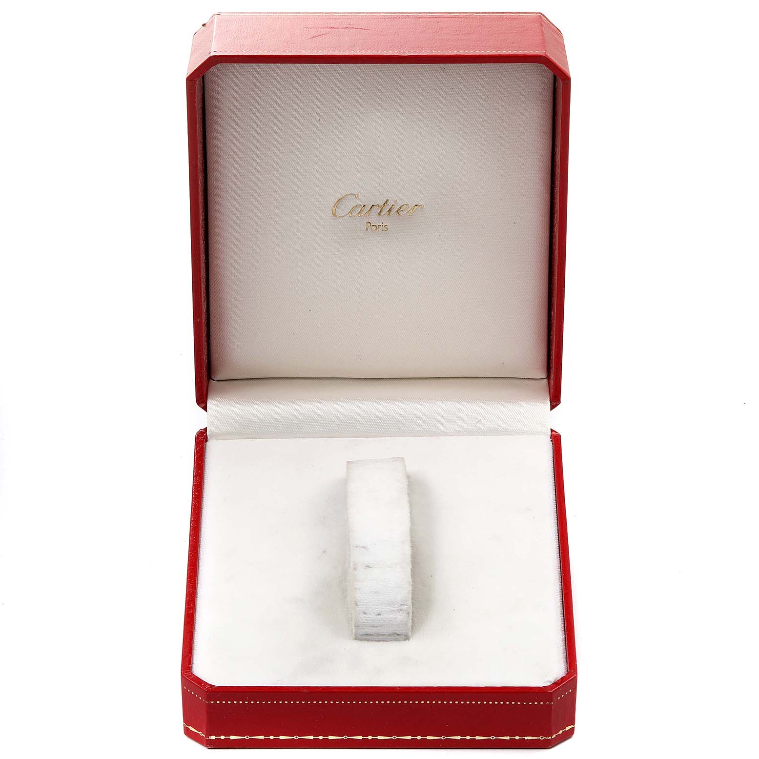 The image shows an empty Cartier Panthere W25028B8 Men
s Steel and Gold (two tone) Silver Dial W25028B8 Men
s Steel and Gold (two tone) Silver Dial watch box from a top-down angle.