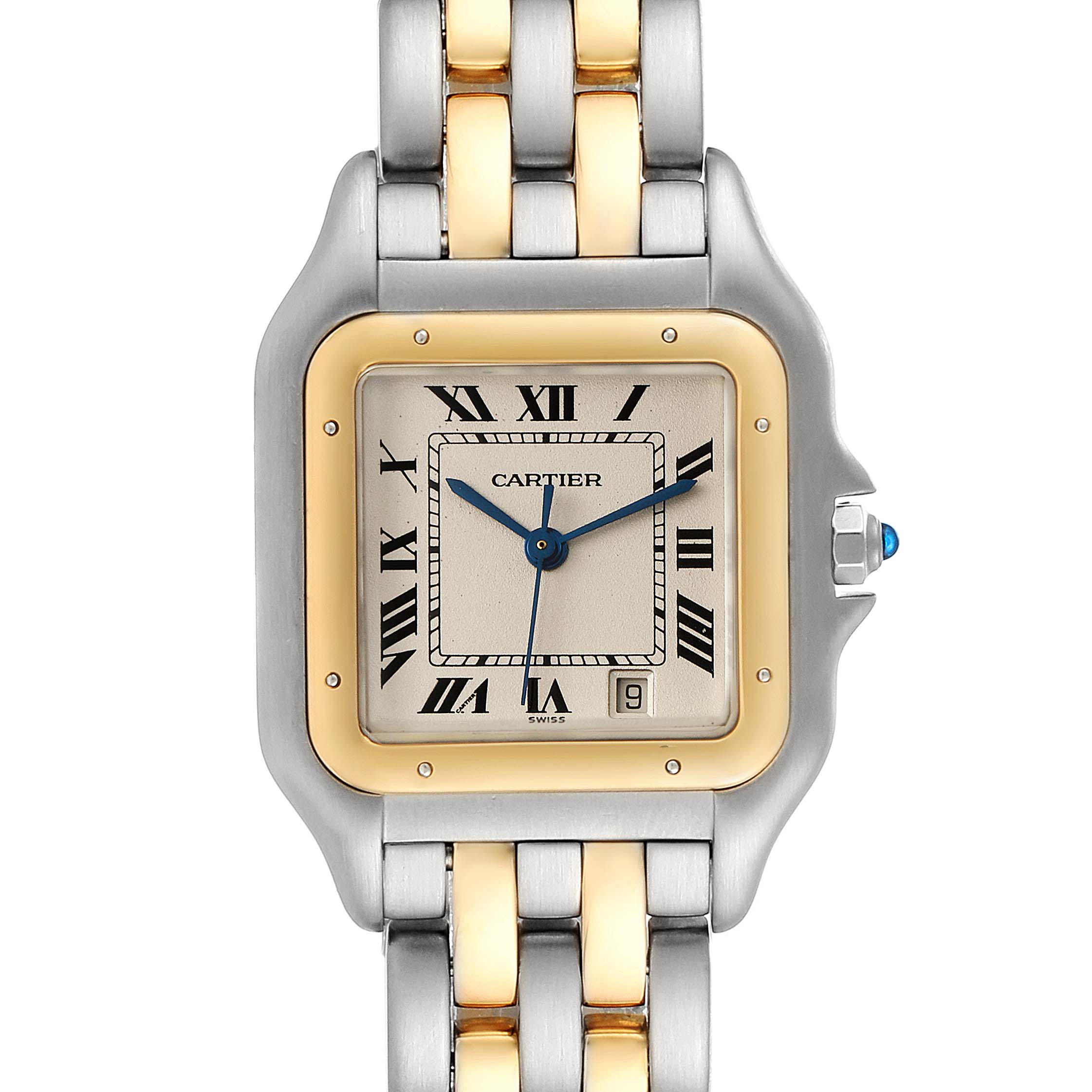 The image displays the Cartier Panthère watch face and part of its two-tone bracelet at a front angle.