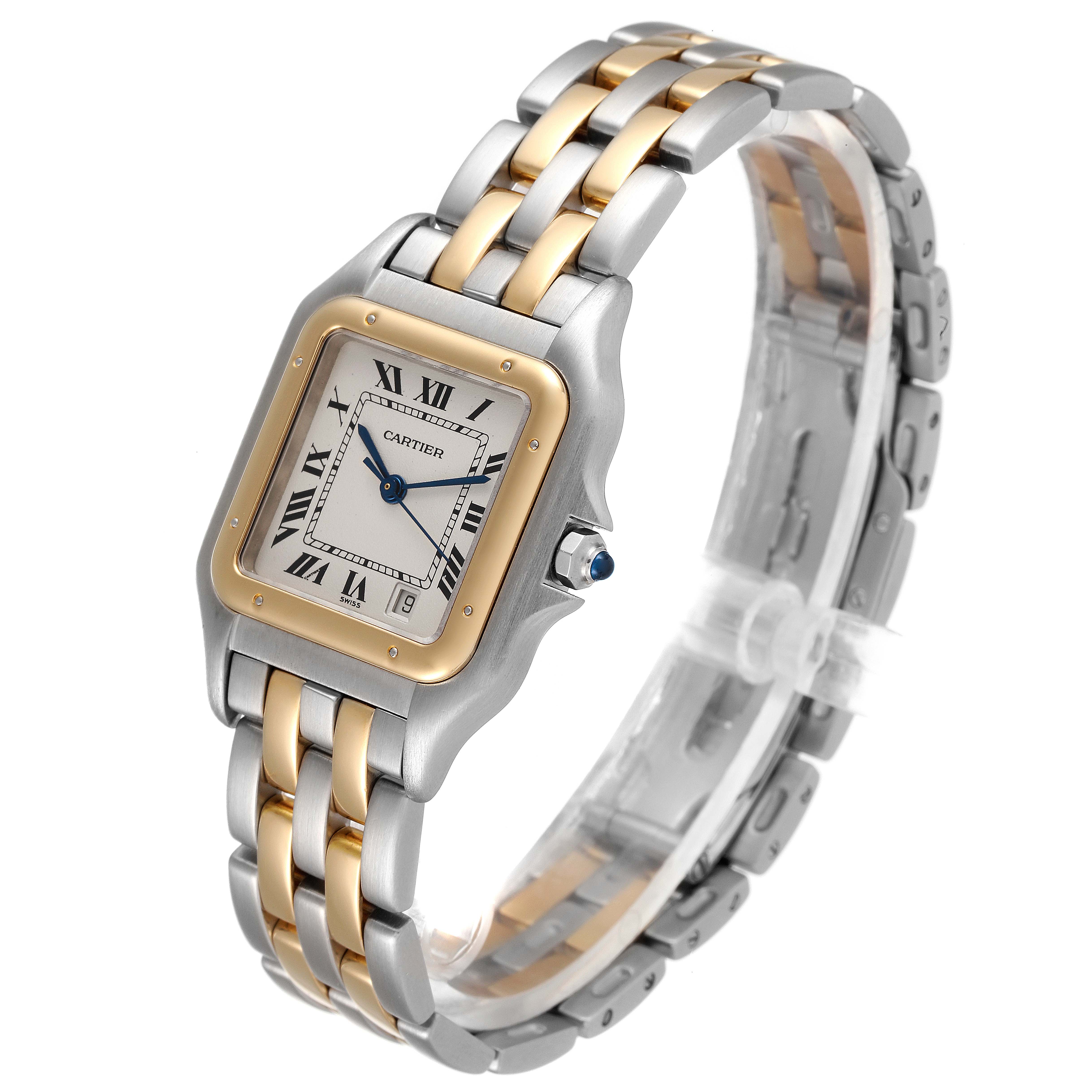 The image shows a side and angled view of the Cartier Panthere W25028B8 Men
s Steel and Gold (two tone) Silver Dial W25028B8 Men
s Steel and Gold (two tone) Silver Dial watch, highlighting its two-tone bracelet and square dial.