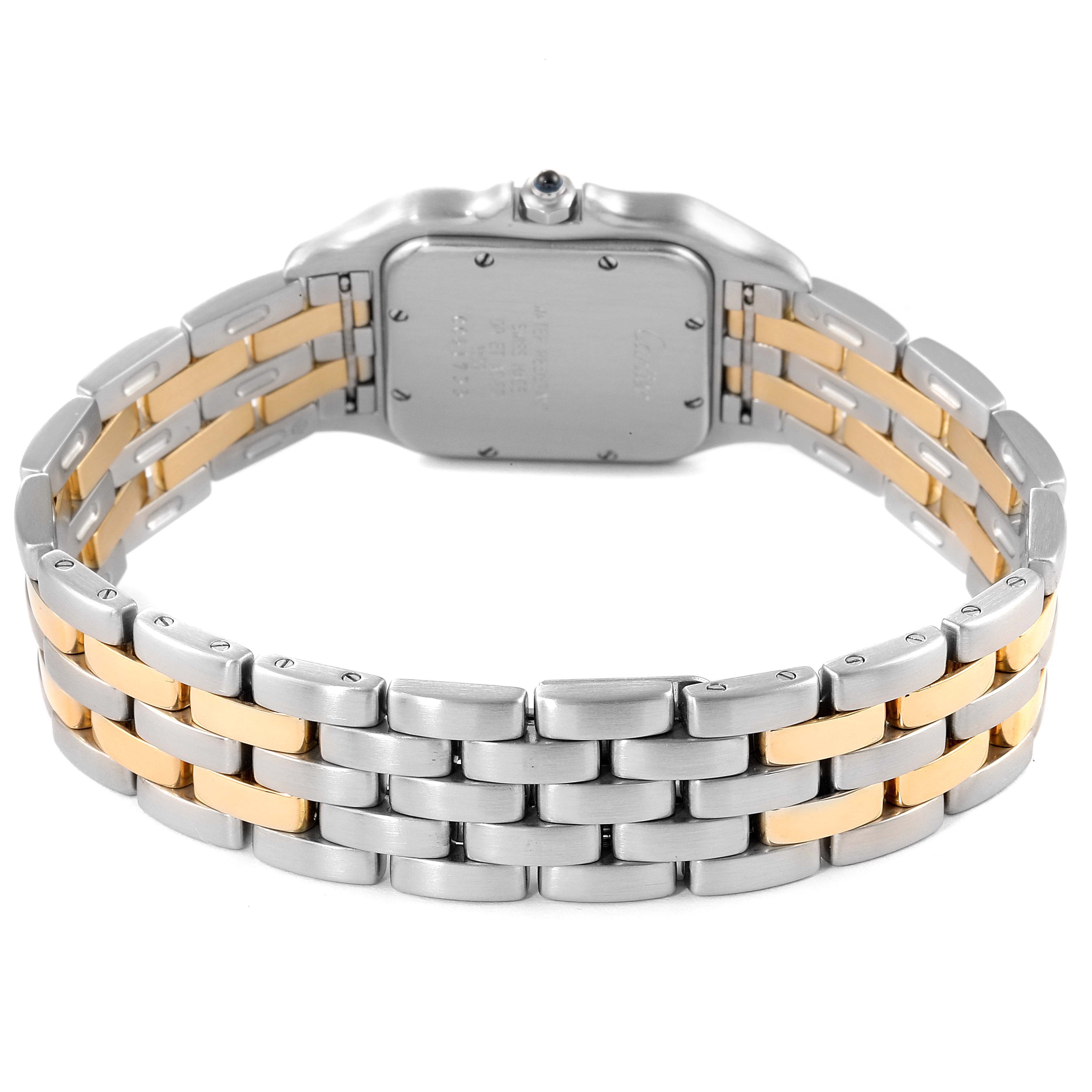 This image shows the back view of a Cartier Panthere W25028B8 Men
s Steel and Gold (two tone) Silver Dial W25028B8 Men
s Steel and Gold (two tone) Silver Dial watch, highlighting its two-tone metal bracelet.