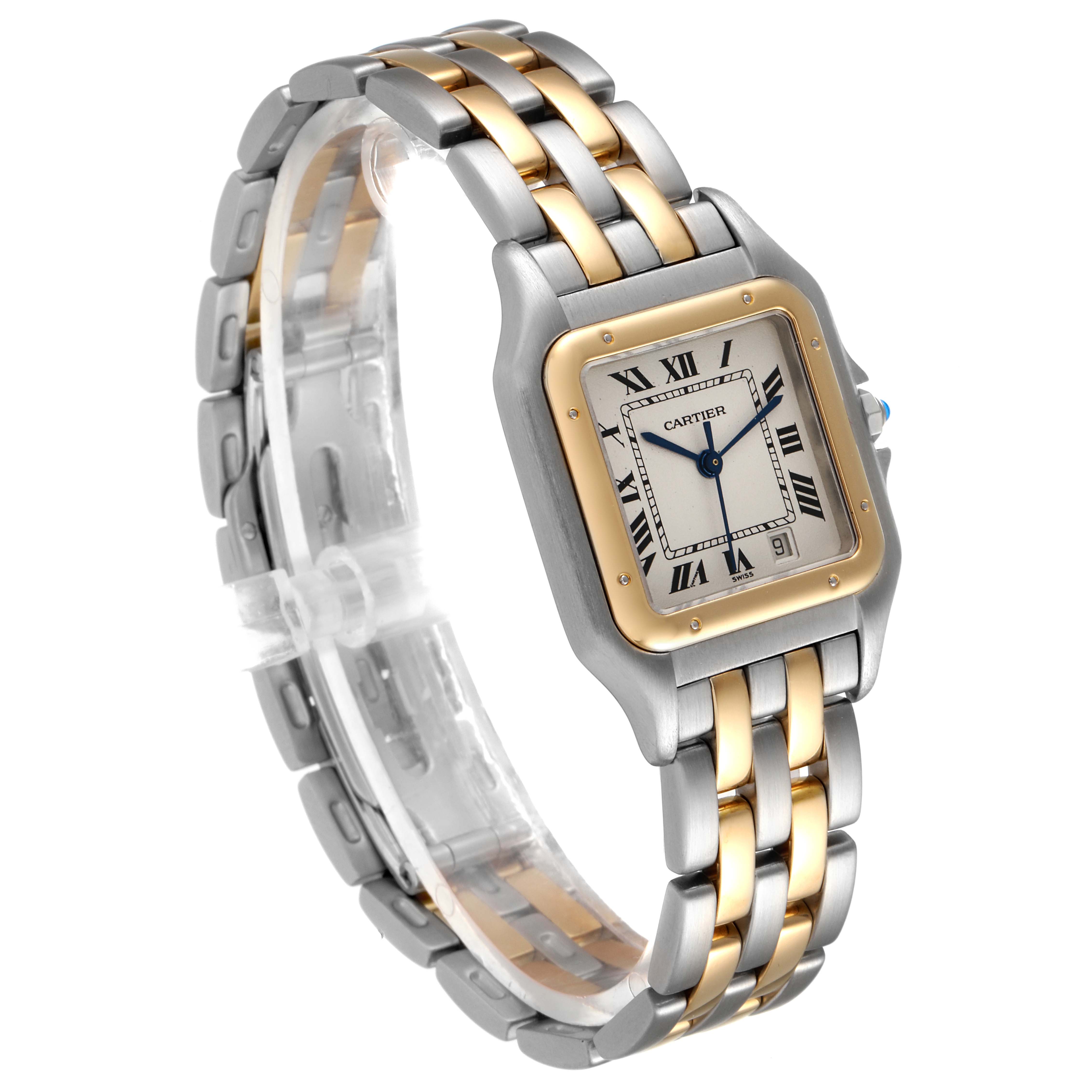 The Cartier Panthere W25028B8 Men
s Steel and Gold (two tone) Silver Dial W25028B8 Men
s Steel and Gold (two tone) Silver Dial watch is shown at an angle highlighting its two-tone metal bracelet and square face with Roman numerals.