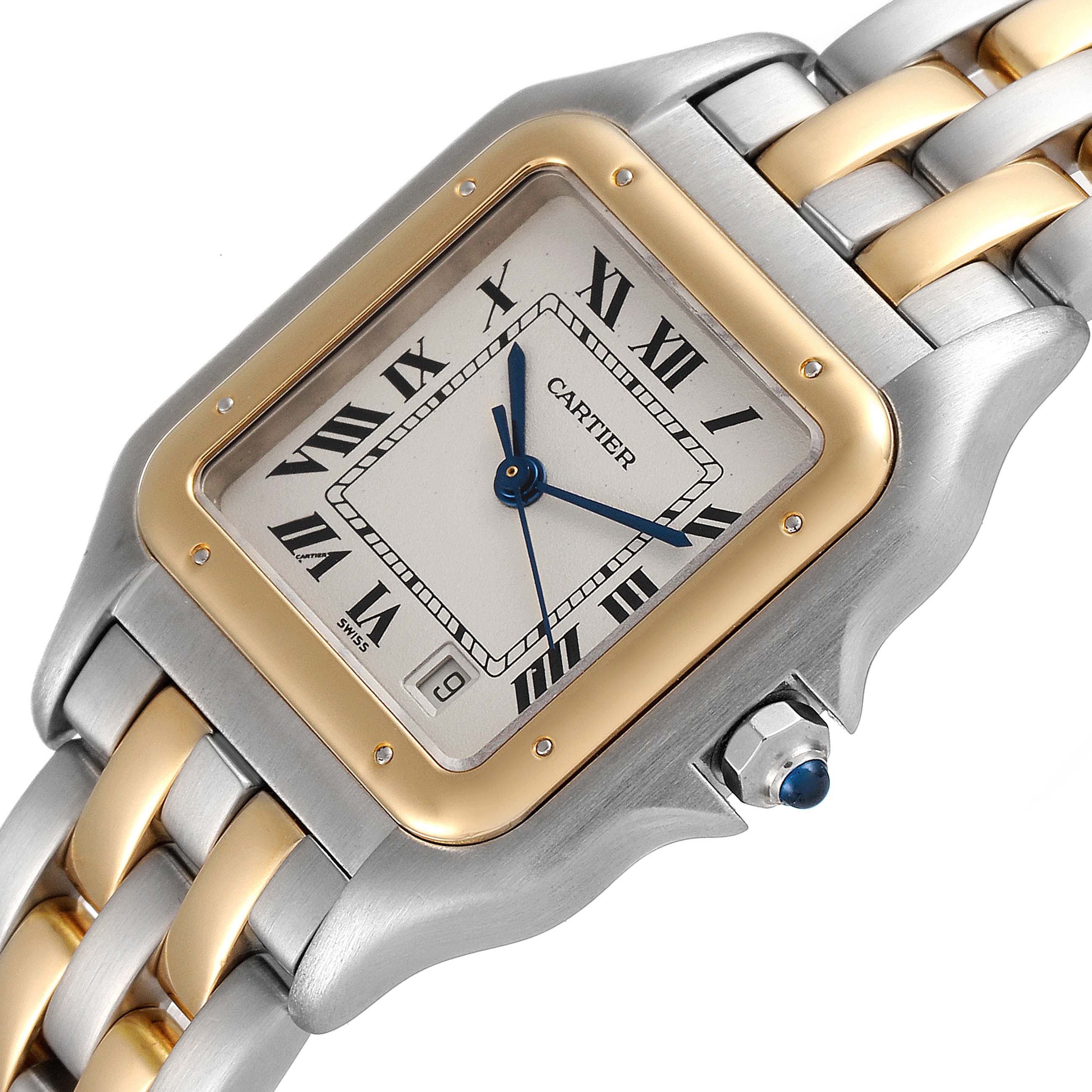 The Cartier Panthere W25028B8 Men
s Steel and Gold (two tone) Silver Dial W25028B8 Men
s Steel and Gold (two tone) Silver Dial watch is shown at a slight angle, highlighting the square face, crown, and two-tone bracelet.