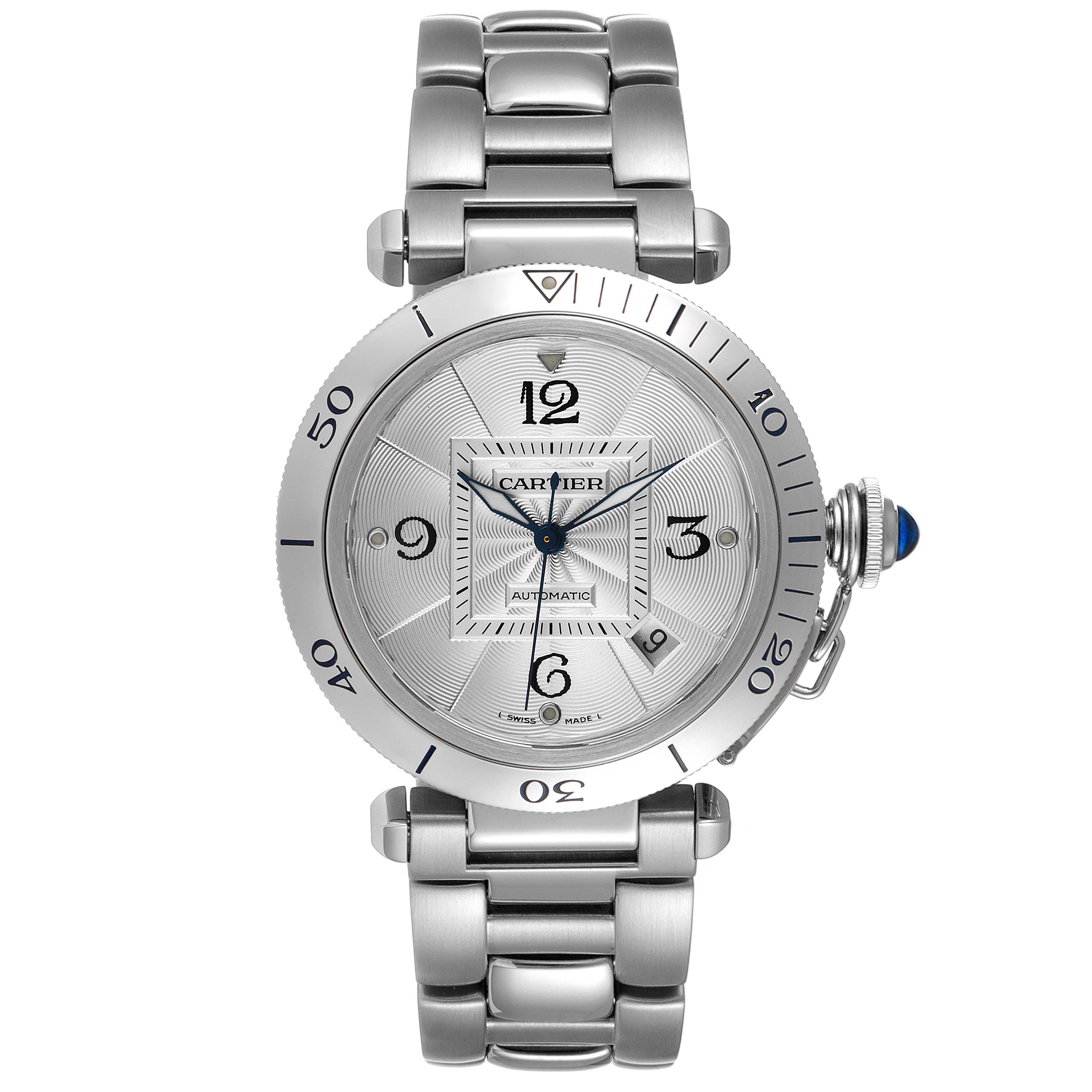 This image shows a frontal view of the Cartier Pasha W31059H3 Men
s Stainless Steel Silver Dial W31059H3 Men
s Stainless Steel Silver Dial model watch, featuring its dial, bezel, and metal bracelet.
