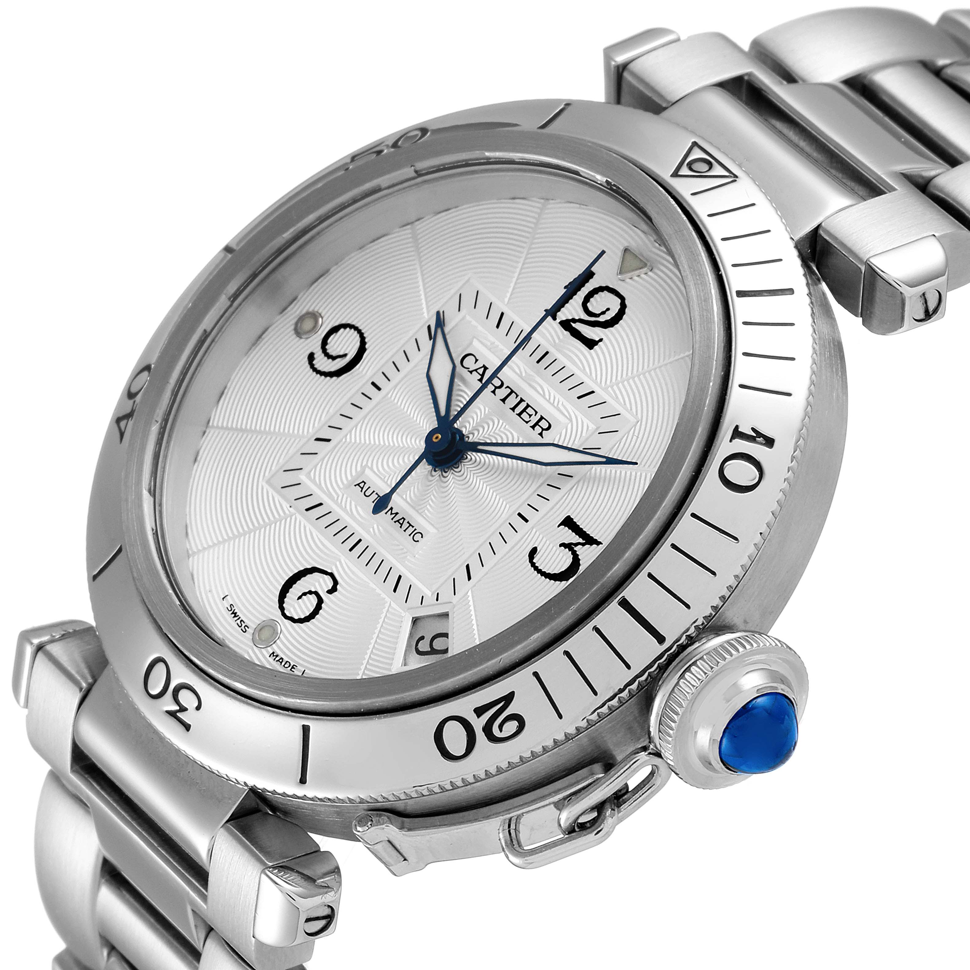 This image shows a close-up of the Cartier Pasha W31059H3 Men
s Stainless Steel Silver Dial W31059H3 Men
s Stainless Steel Silver Dial watch, displaying the dial, bezel, crown, and part of the bracelet strap.